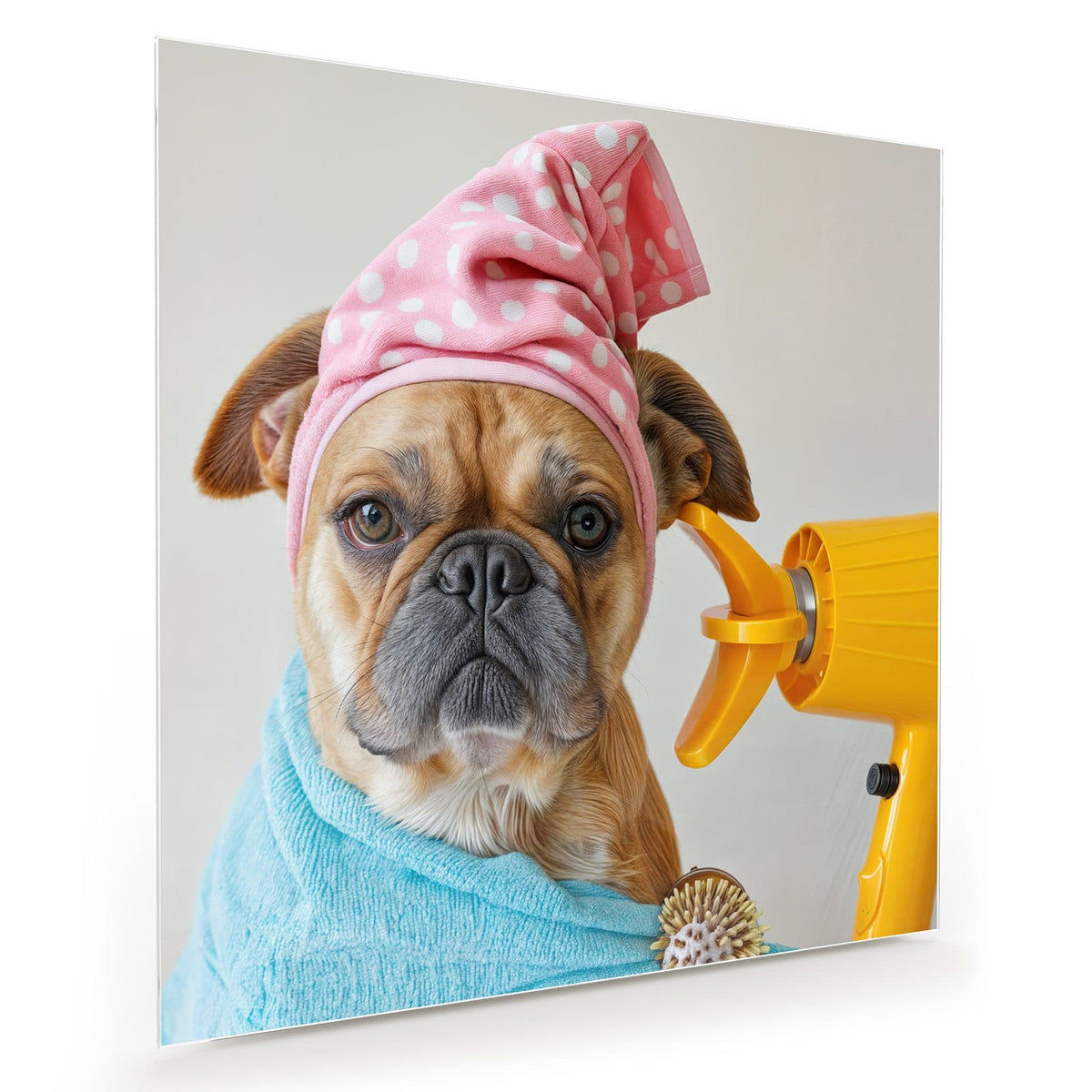 Bulldogge im hellblauen Bademantel mit rosa Punkte-Haube, gelbem Föhn und Bürste