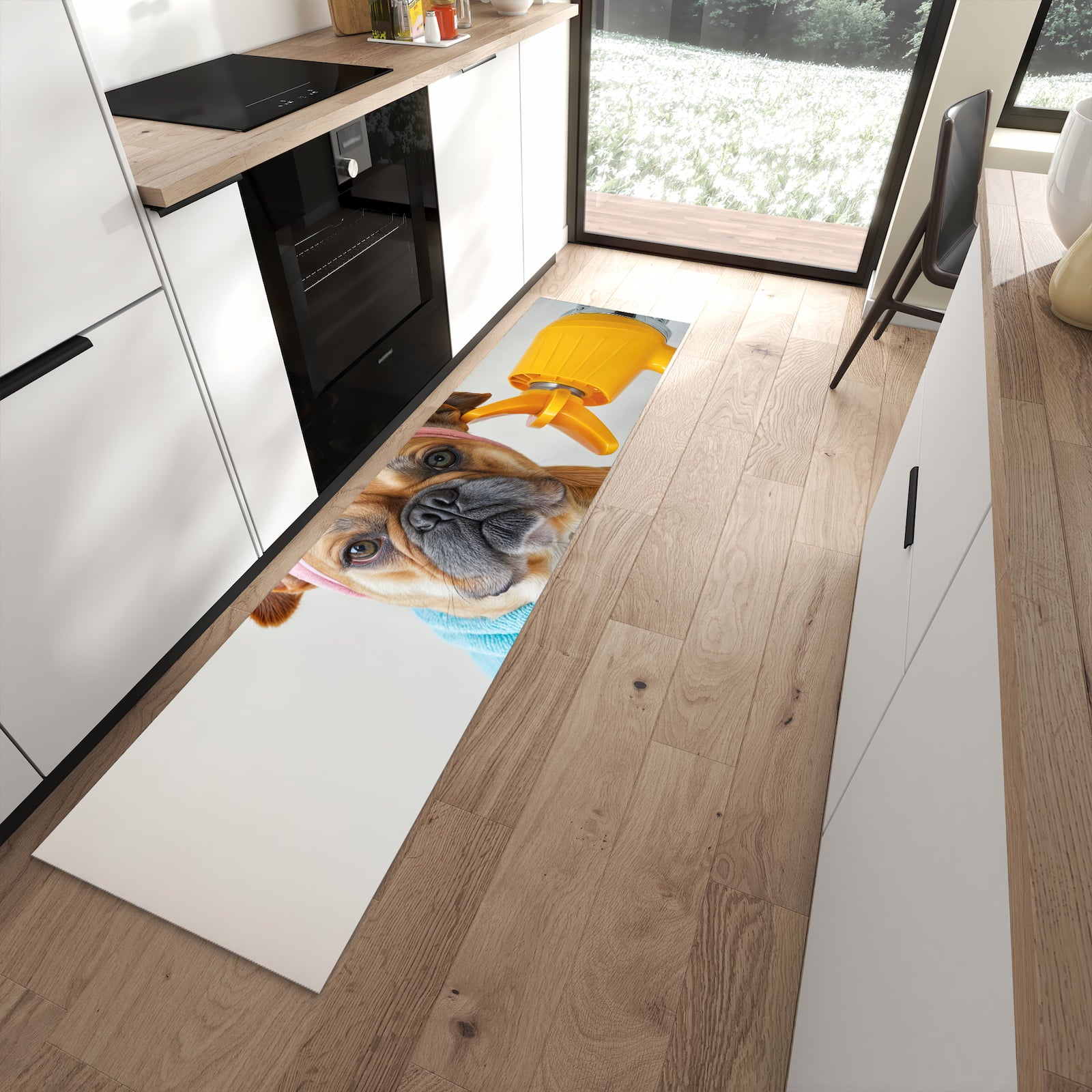 Fleckenresistenter Bodenläufer mit Motiv Hund mit Badehandtuch in moderner Küche