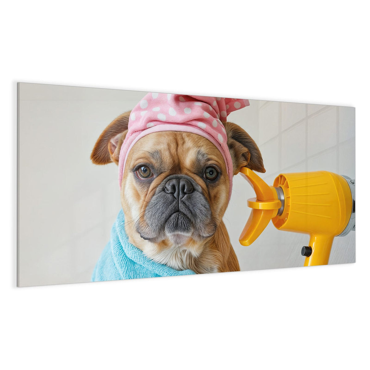 Bulldogge im hellblauen Bademantel mit rosa Punkte-Haube, gelbem Föhn und Bürste