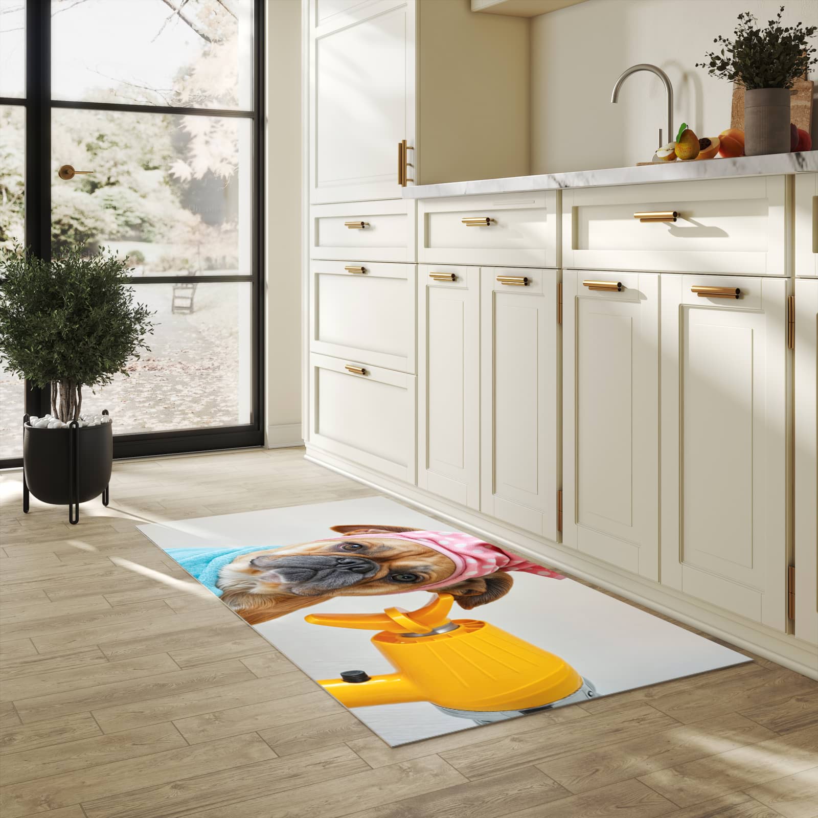 Zeitsparender Läufer Küche mit Motiv Hund mit Badehandtuch in heller Küche