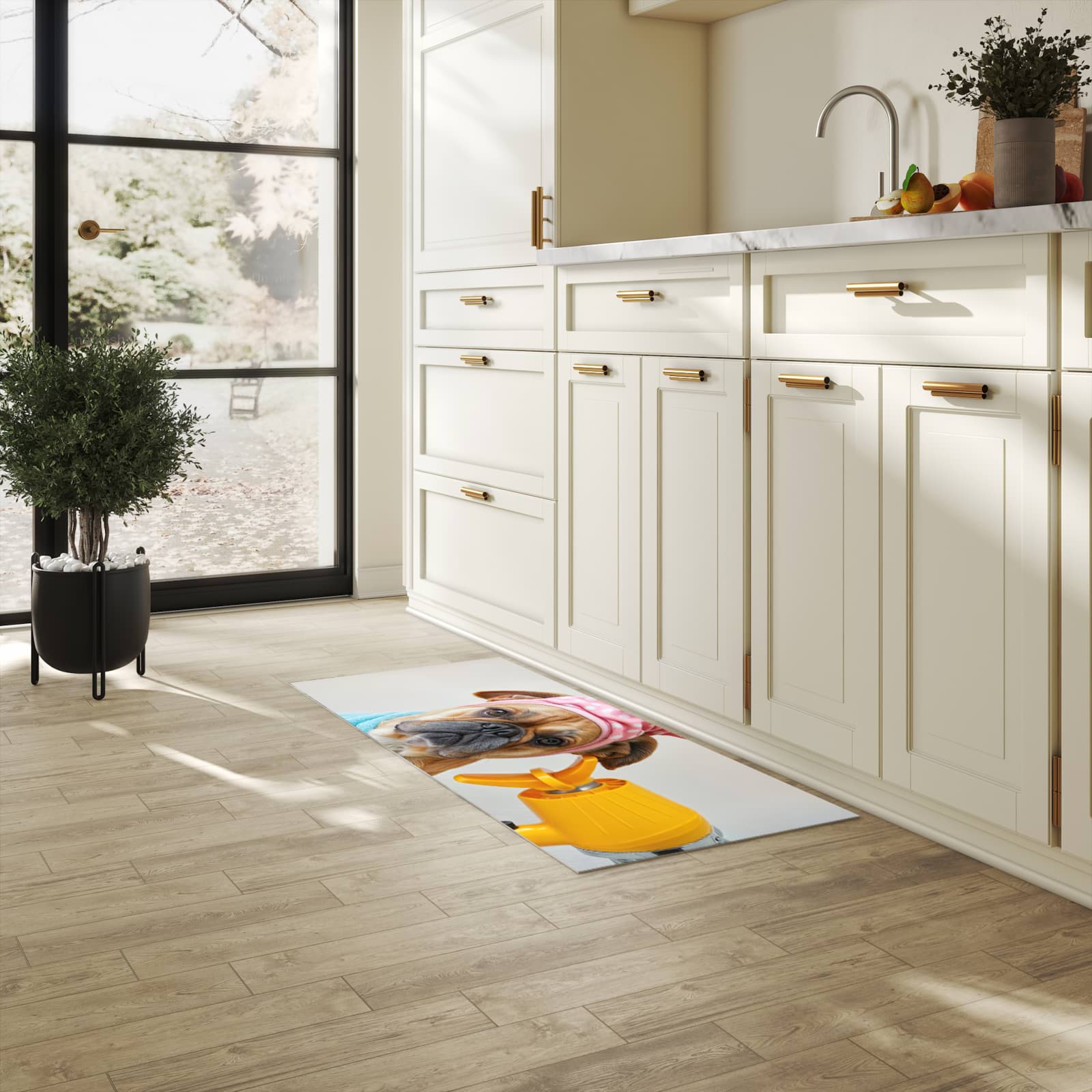 Abwaschbarer Küchenteppich mit Motiv Hund mit Badehandtuch in heller Küche