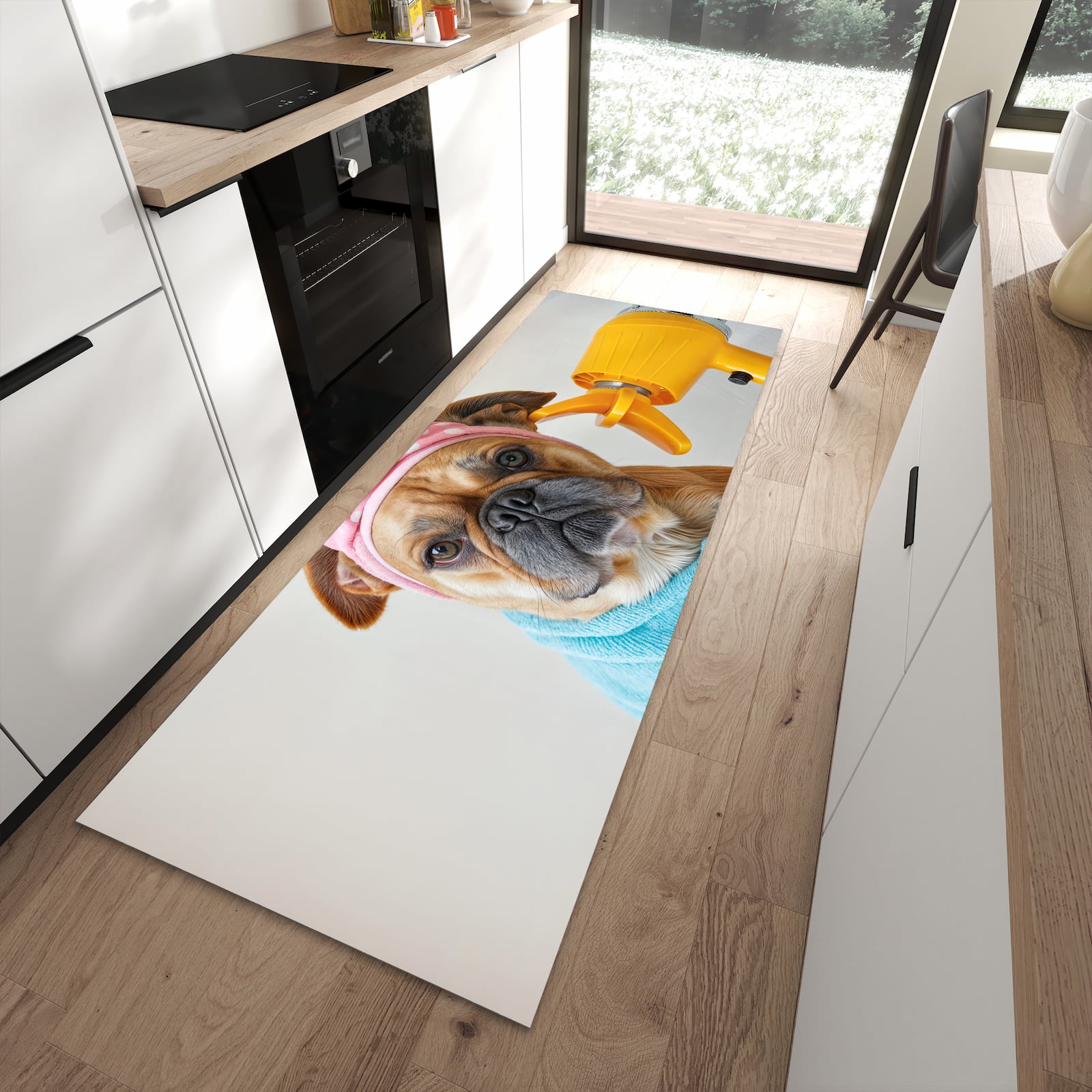 Rutschfester Küchenteppich mit Motiv Hund mit Badehandtuch für angenehmes Stehen in moderner Küche