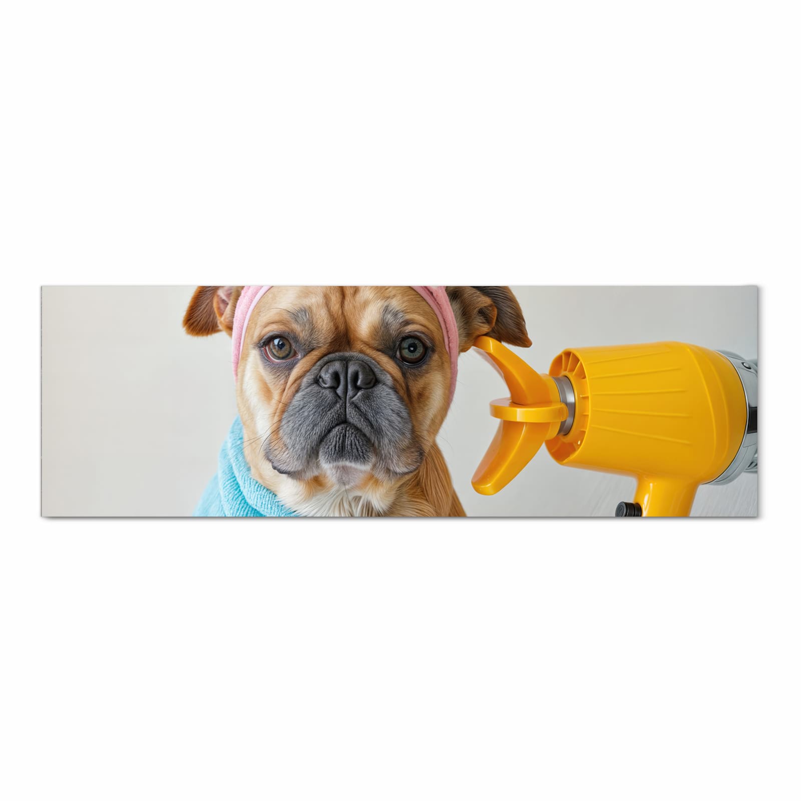 Waschbarer dünner Küchenteppich mit Motiv Hund mit Badehandtuch in Frontansicht für Ordnung