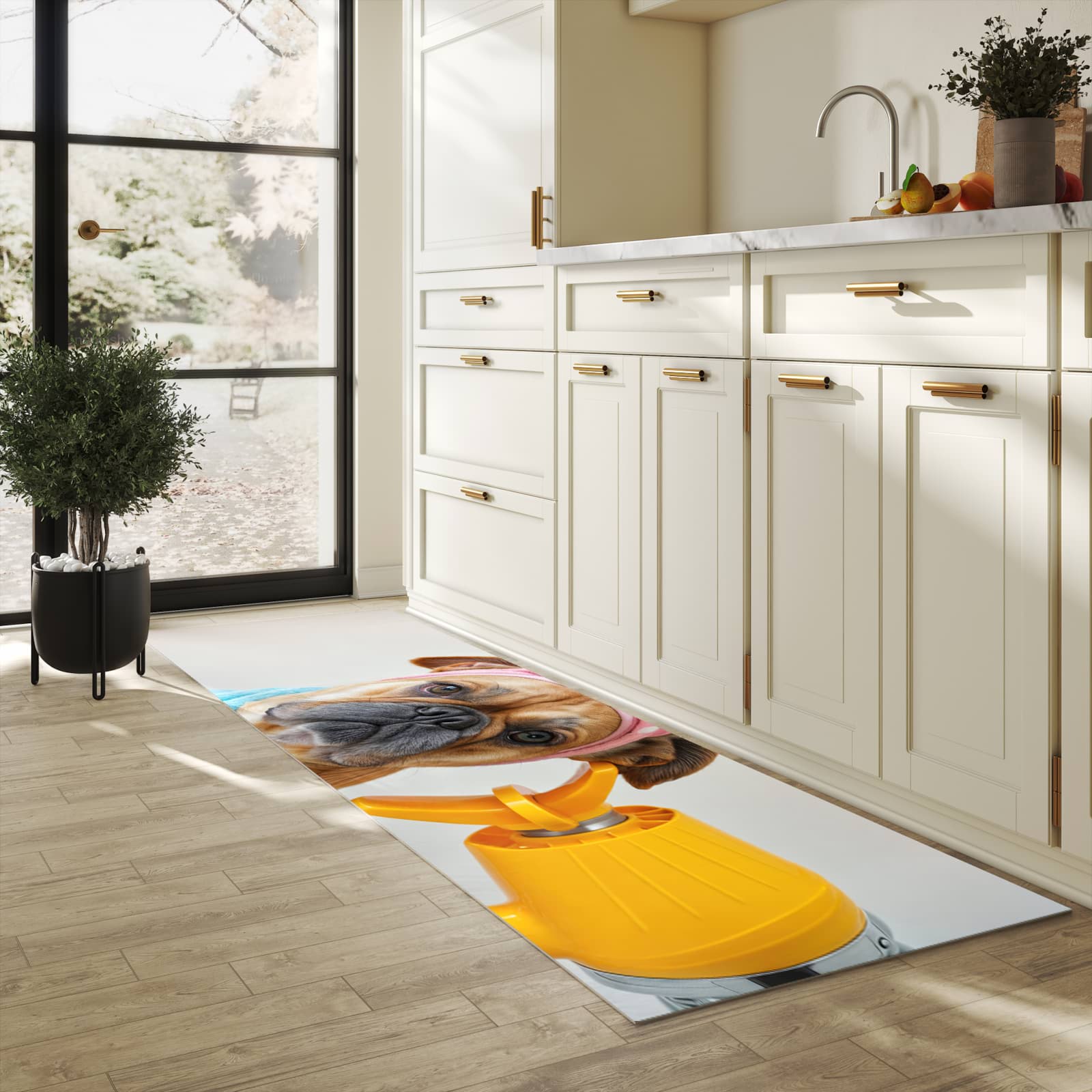 Formstabiler Küchenteppich mit Motiv Hund mit Badehandtuch in heller Küche
