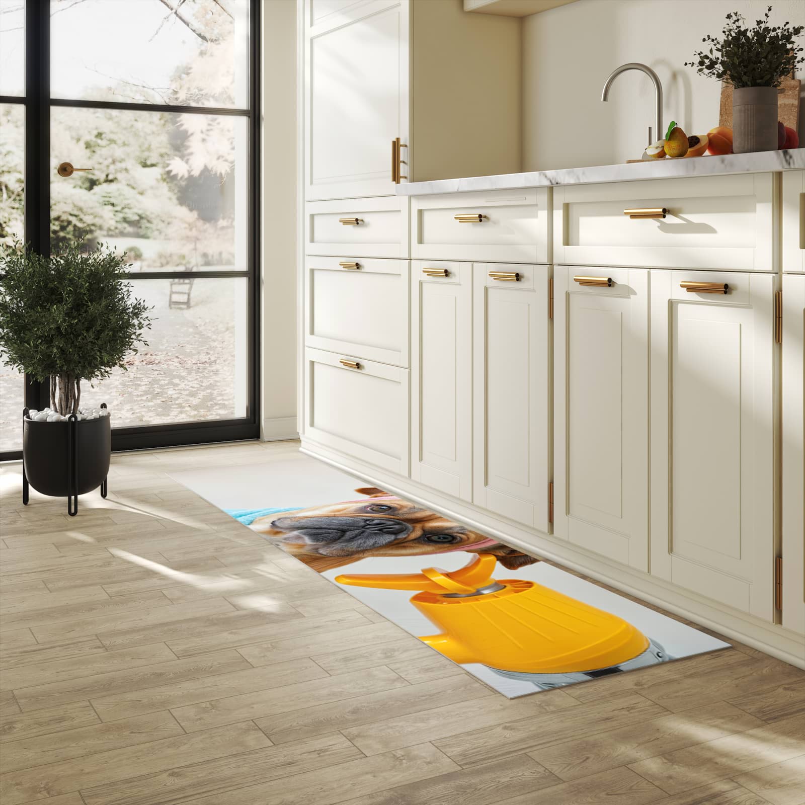 Rutschfester Küchenteppich mit Motiv Hund mit Badehandtuch in heller Küche