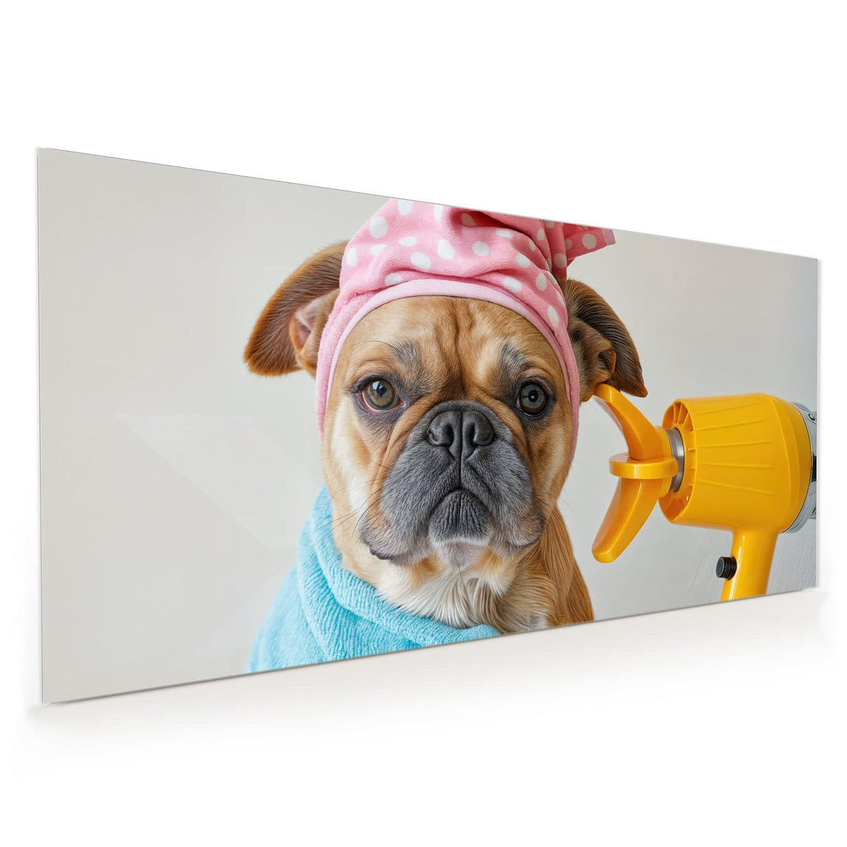 Bulldogge im hellblauen Bademantel mit rosa Punkte-Haube, gelbem Föhn und Bürste