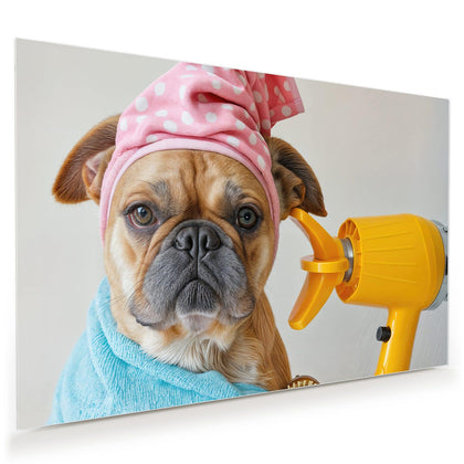 Wandbild mit dem Motiv Hund im Bademantel