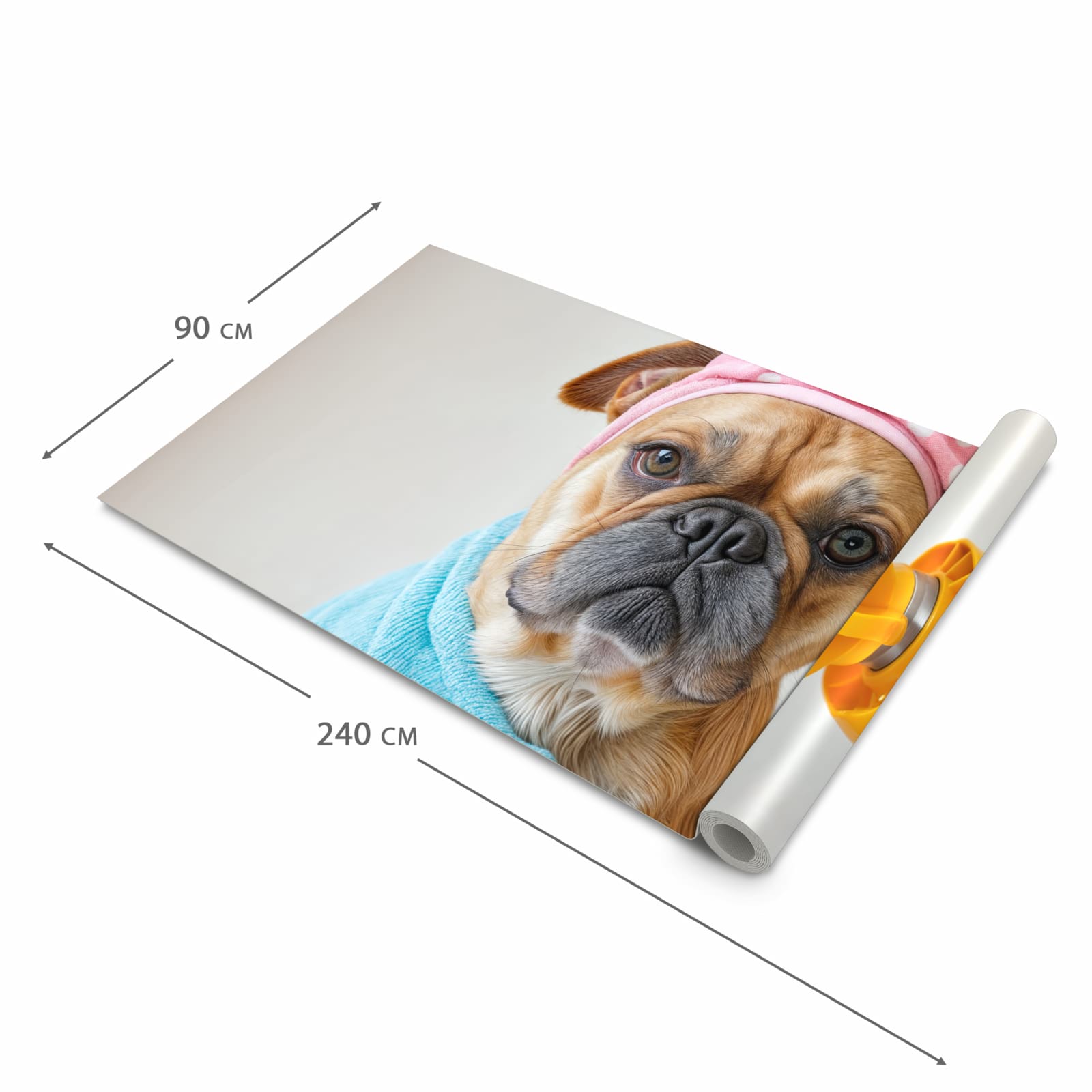 Fleckenresistenter langer Teppich mit Motiv Hund mit Badehandtuch in der Grösse 90x240 cm