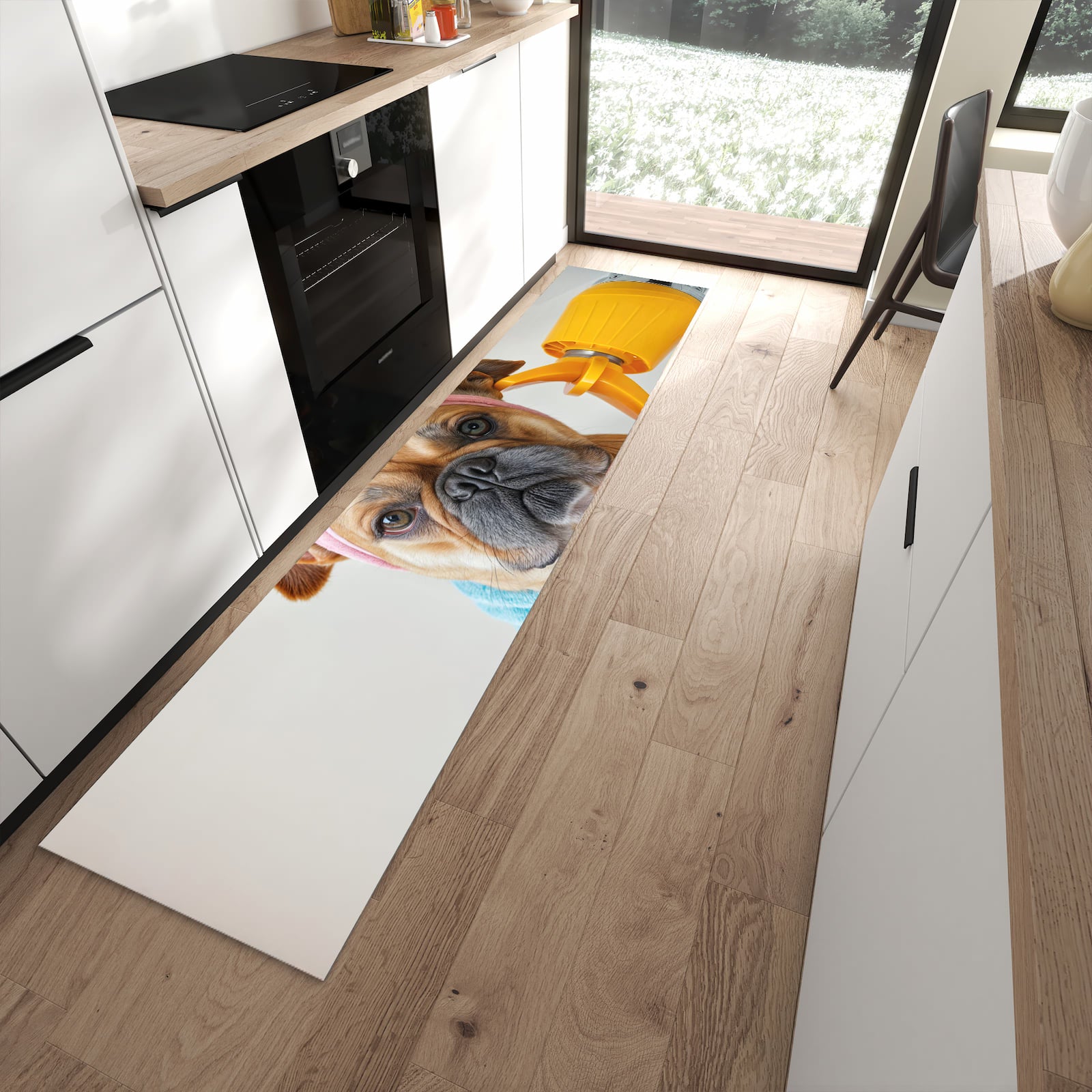 Schmutzabweisender Küchenteppich mit Motiv Hund mit Badehandtuch in moderner Küche