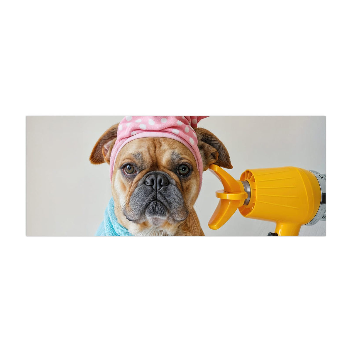 Küchenrückwand aus Glas Hund im Bademantel im Hochformat, Motiv bildfüllend von vorn