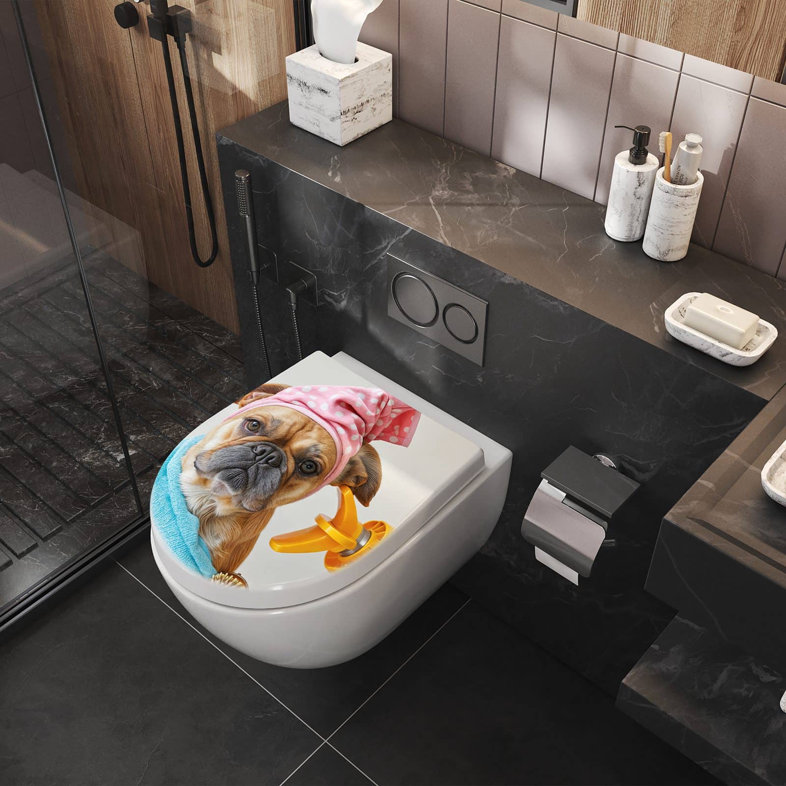 WC-Sitz mit Absenkautomatik Hund mit Badehandtuch