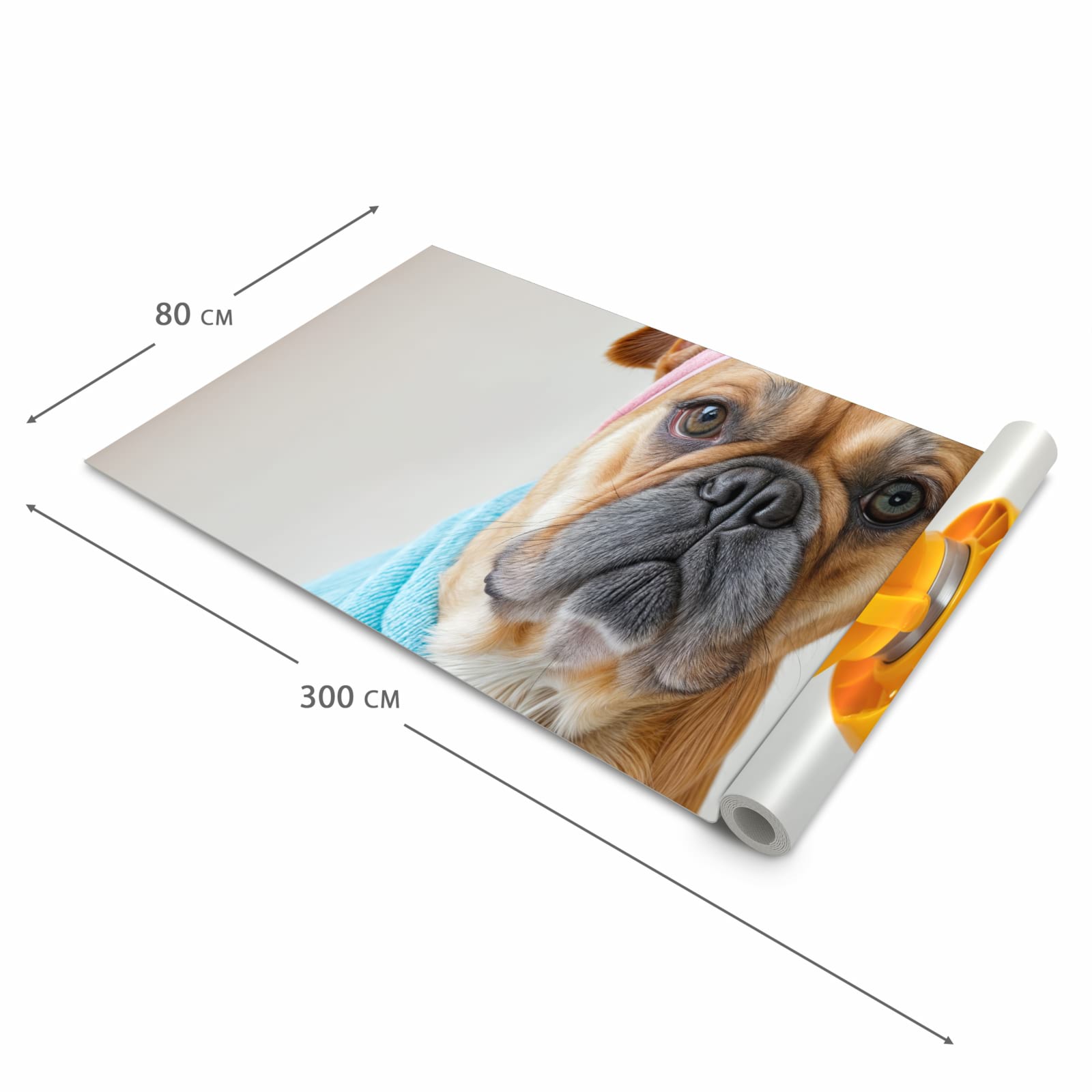 Waschbarer Küchenläufer mit Motiv Hund mit Badehandtuch in der Grösse 90x240 cm für Trittkomfort