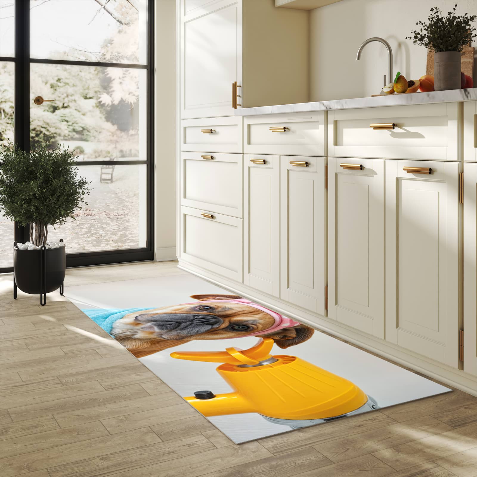 Geräuschdämpfender Küchenläufer mit Motiv Hund mit Badehandtuch in heller Küche