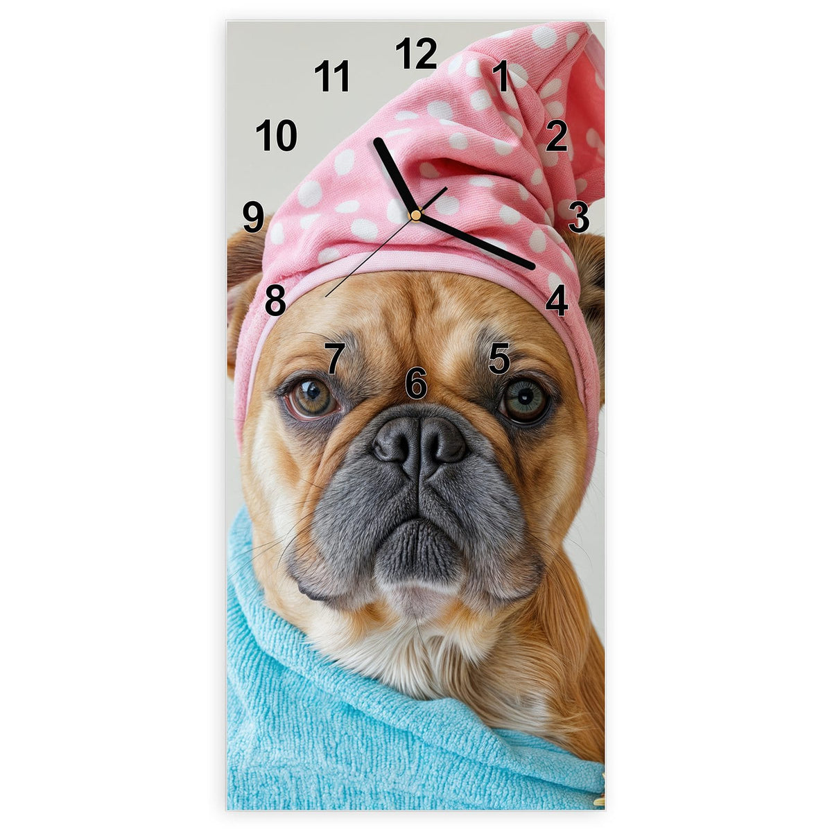 Wanduhr aus Glas, Ziffernblatt Modern mit Motiv Hund im Bademantel: Bulldogge im hellblauen Bademantel mit rosa Punkte-Haube, gelbem Föhn und Bürste