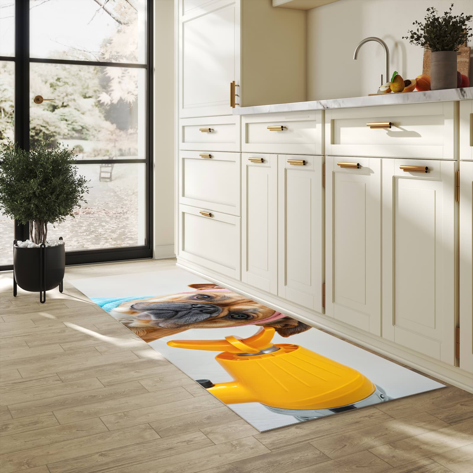 Farbbeständiger Küchenteppich mit Motiv Hund mit Badehandtuch in heller Küche