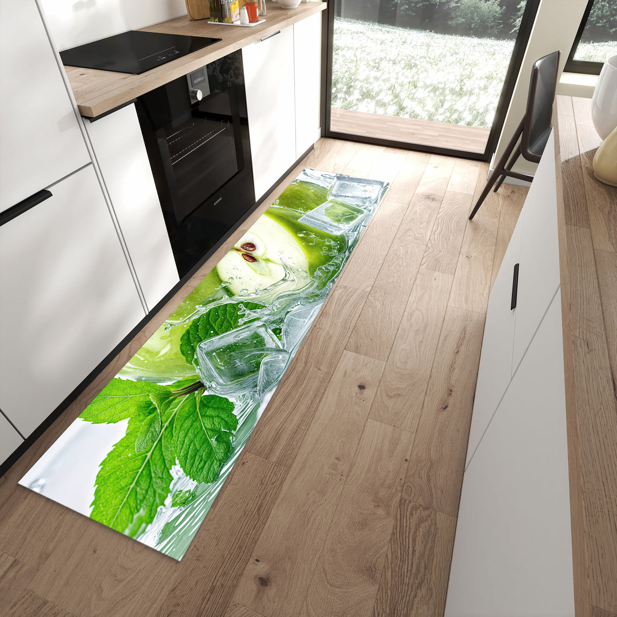 Feuchtigkeitsresistenter Teppichläufer mit Motiv Frische Äpfel Splash in moderner Küche