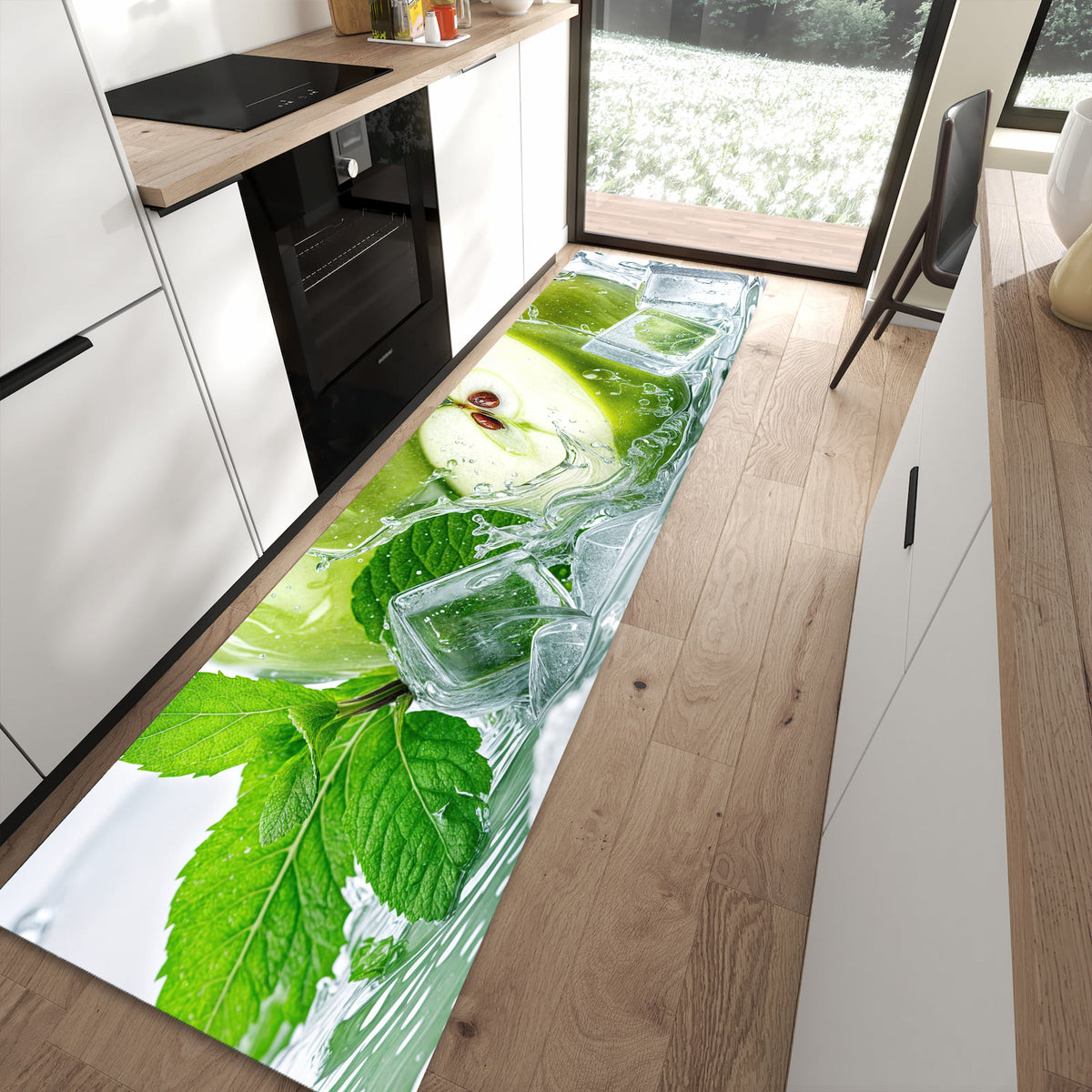 Rutschfester dünner Teppich mit Motiv Frische Äpfel Splash spart Zeit in moderner Küche