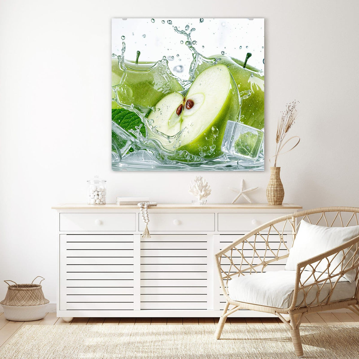 Echtglas, 4 mm – kein Acryl, keine Folie – Wandbild - Grüne Äpfel mit Eis - Quadratisch
