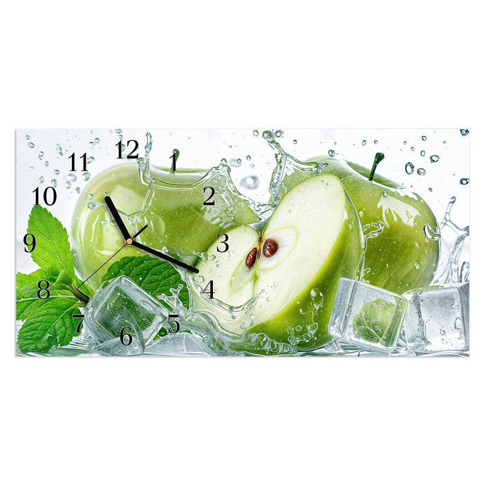 Wanduhr Frische Äpfel Splash aus Glas – Querformat 60 × 30 cm mit Ziffernblatt Klassisch