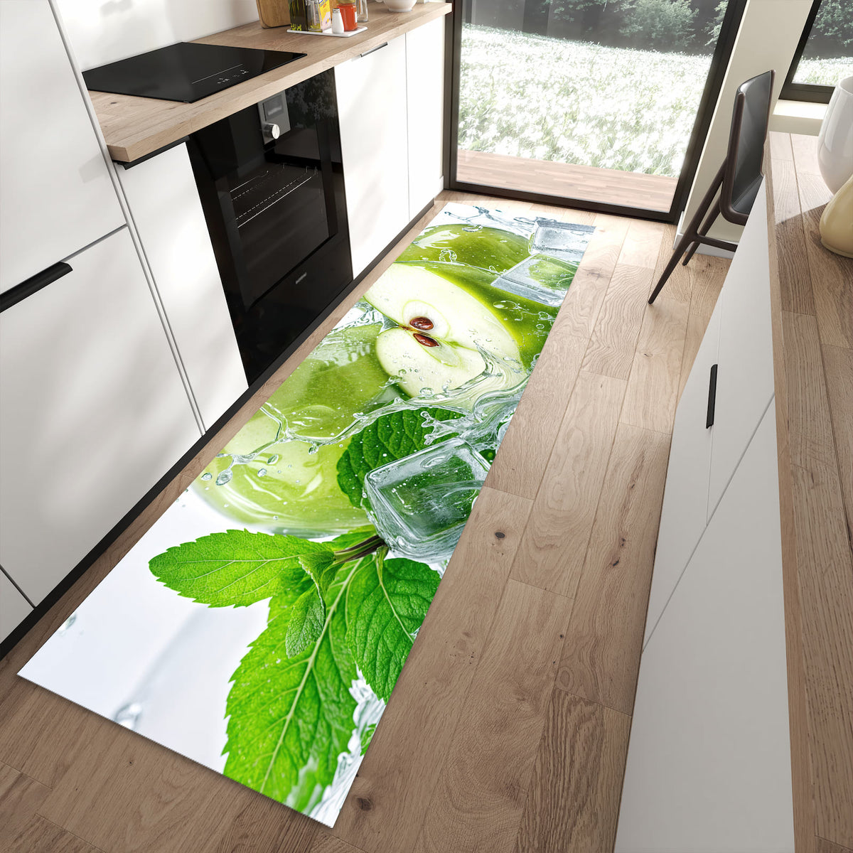 Dünner Küchenteppich mit Motiv Frische Äpfel Splash in moderner Küche für sicheres Aufbewahren