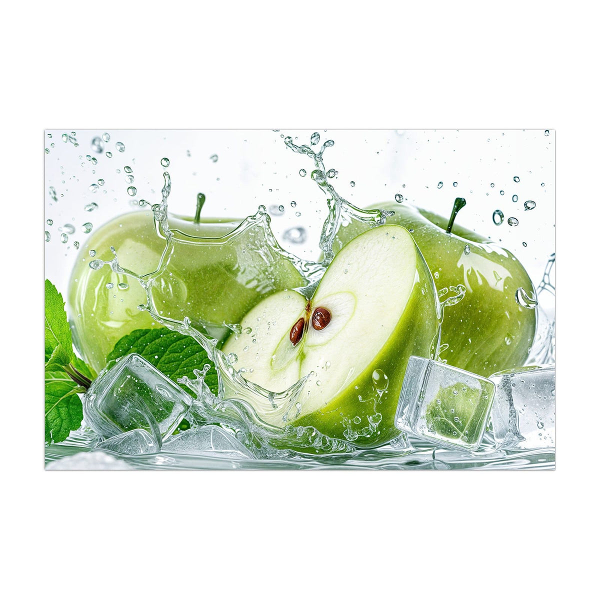 Küchenrückwand aus Glas Grüne Äpfel mit Eis im Hochformat, Motiv bildfüllend von vorn