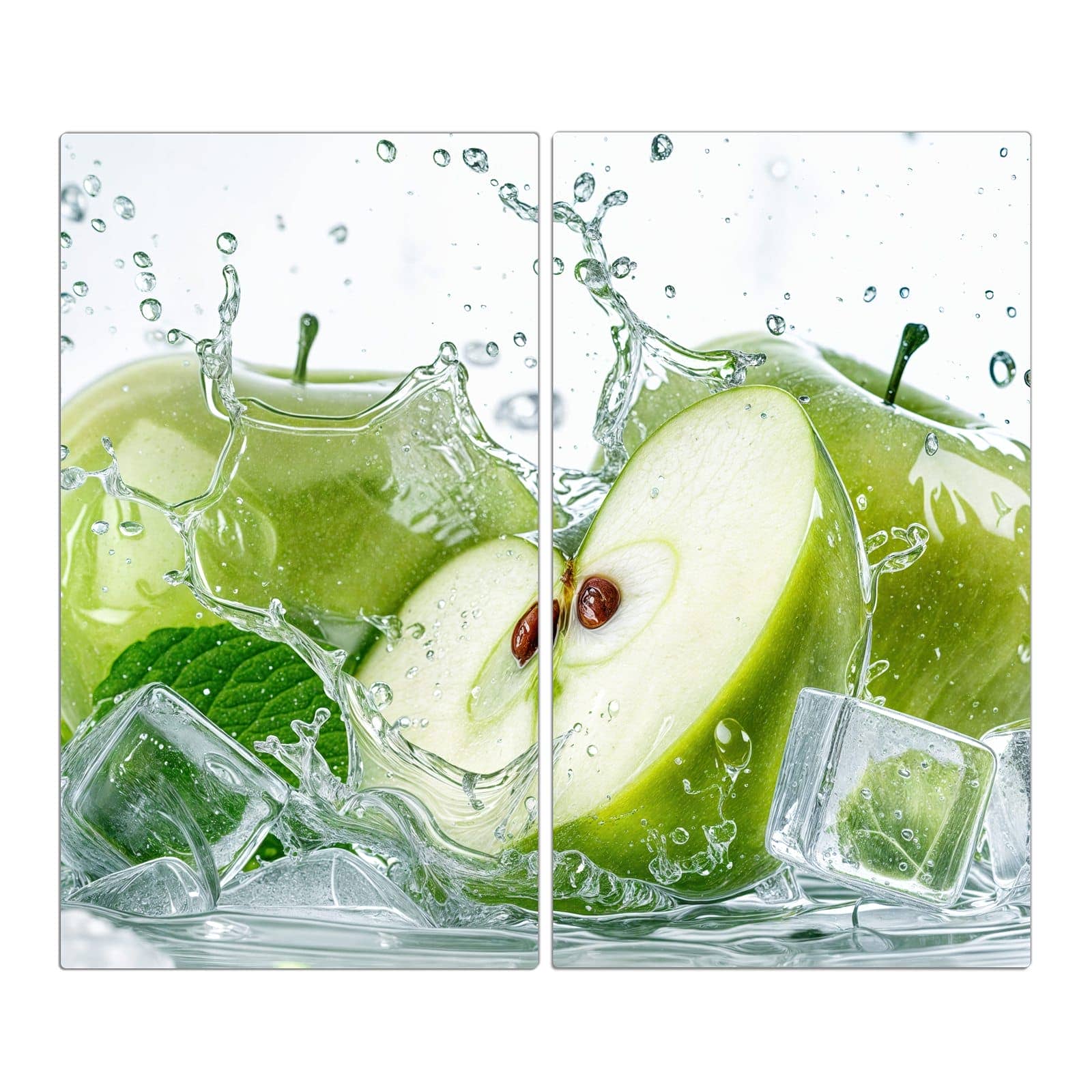 2-teilige Abdeckplatte für Induktionsherd mit Frische Äpfel Splash-Motiv in der Frontansicht #grösse_2-Teilig (60x52cm)