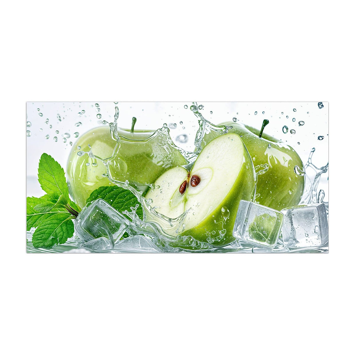 Küchenrückwand aus Glas Grüne Äpfel mit Eis im Hochformat, Motiv bildfüllend von vorn