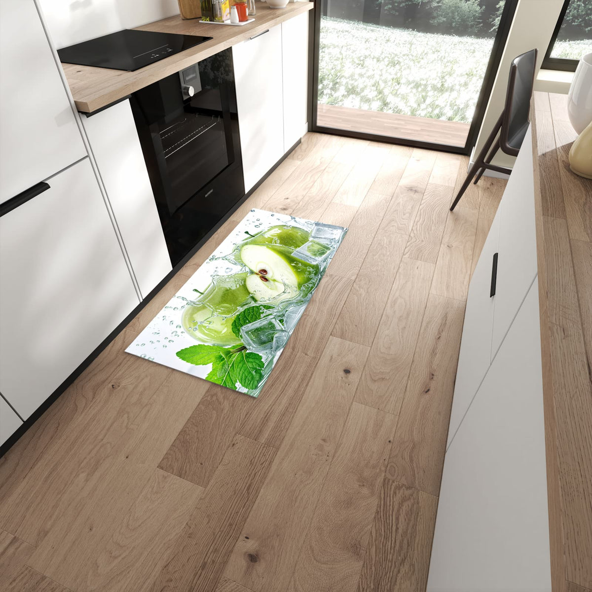 Waschbarer Küchenteppich mit Motiv Frische Äpfel Splash in moderner Küche #grösse_60 x 120 cm