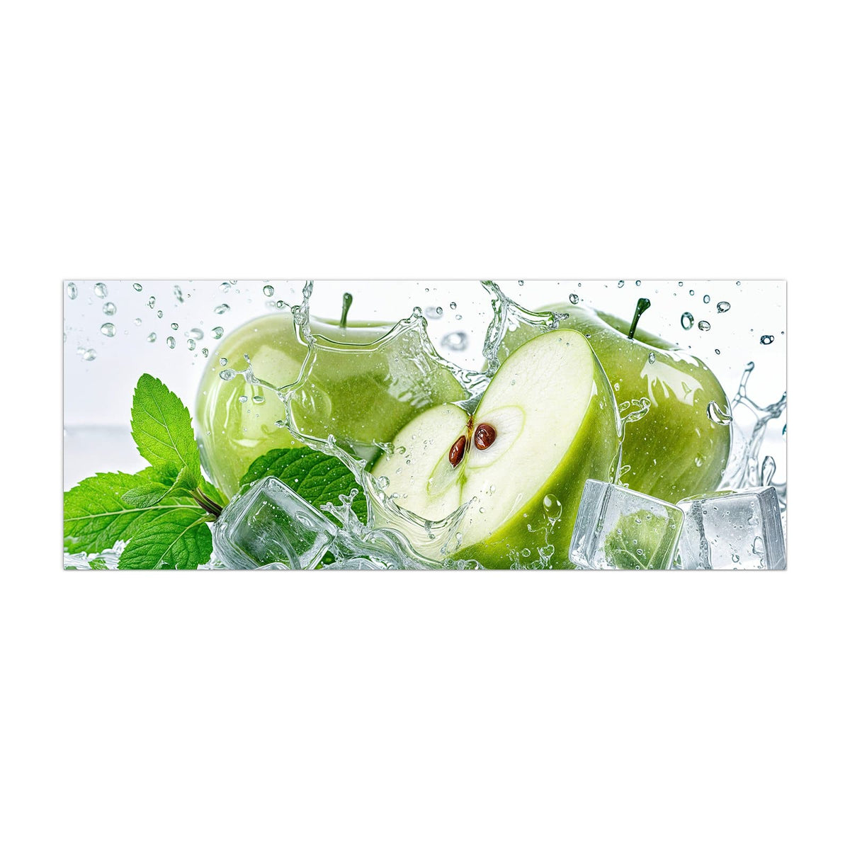 Küchenrückwand aus Glas Grüne Äpfel mit Eis im Hochformat, Motiv bildfüllend von vorn