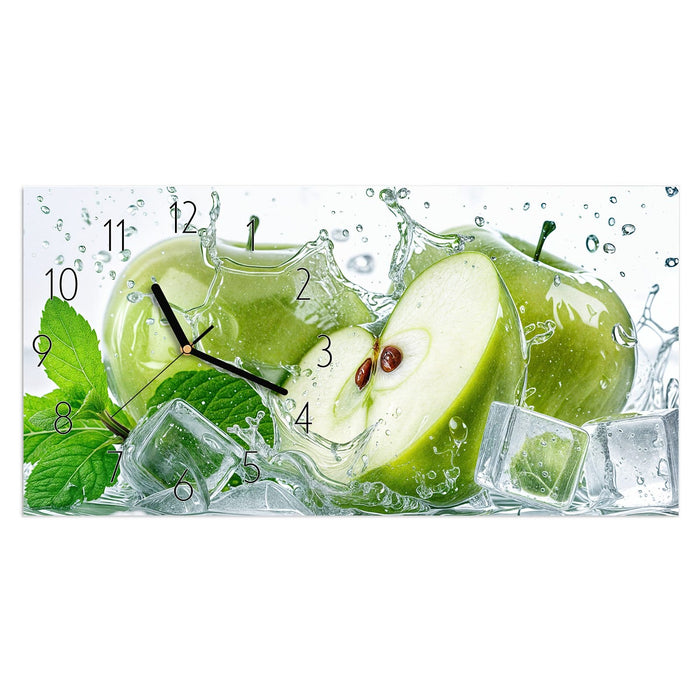 Wanduhr Frische Äpfel Splash aus Glas – Querformat 60 × 30 cm mit Ziffernblatt Elegant