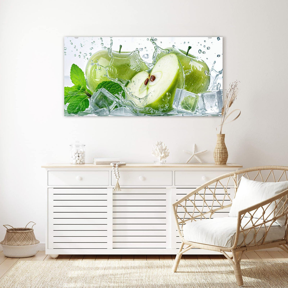 Echtglas, 4 mm – kein Acryl, keine Folie – Wandbild - Grüne Äpfel mit Eis - Querformat