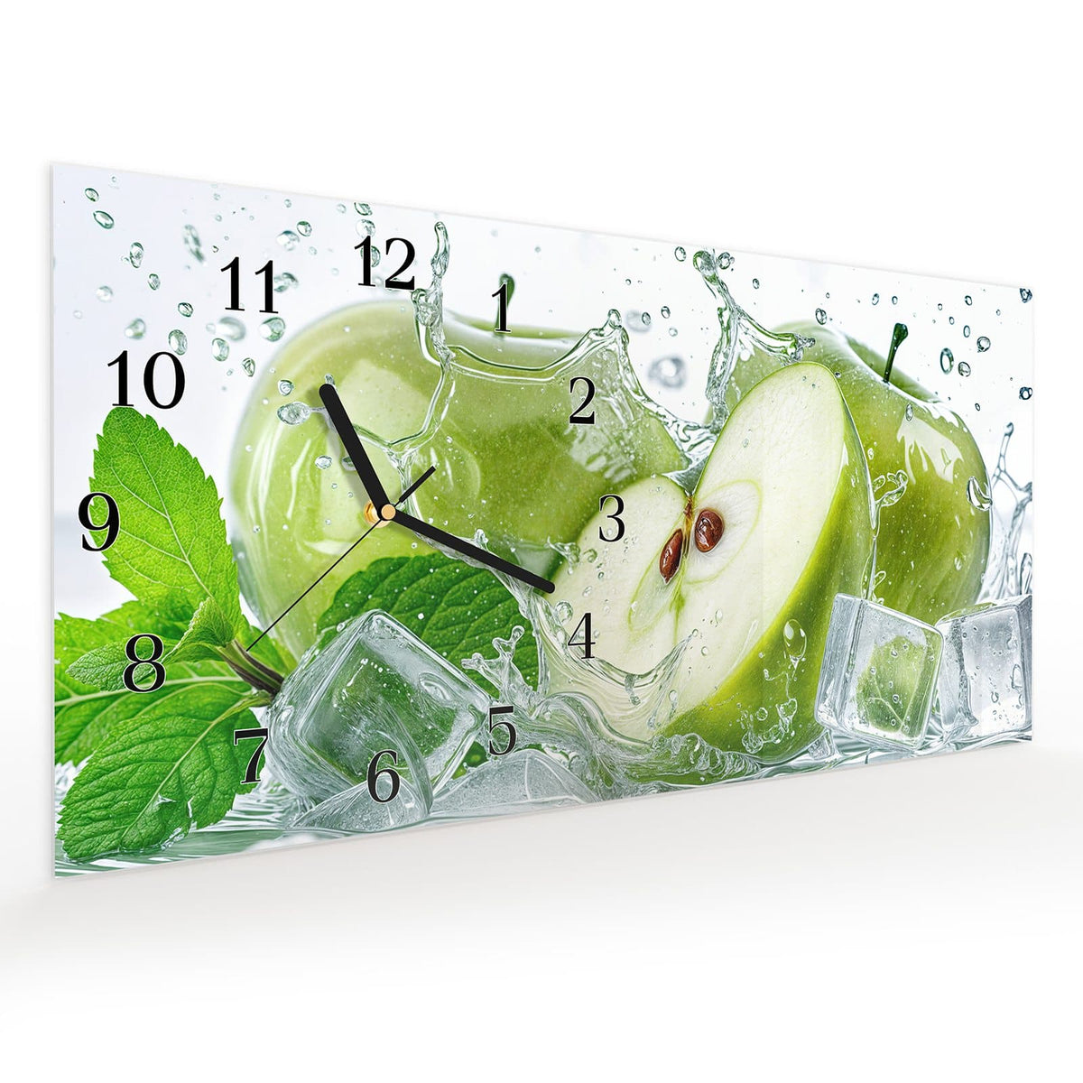 Vormontiert – mit Schwebeeffekt – Wanduhr Frische Äpfel Splash aus Glas – Querformat 60 × 30 cm