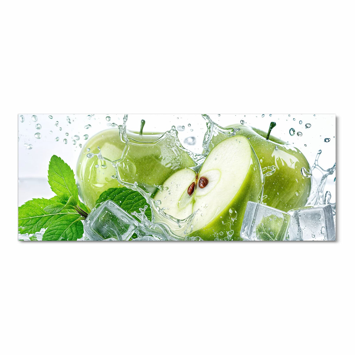Fleckenresistenter Küchenteppich mit Motiv Frische Äpfel Splash in Frontansicht für die Küche