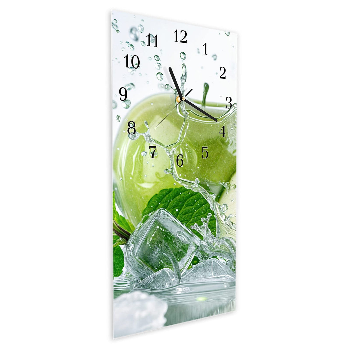 Vormontiert – mit Schwebeeffekt – Wanduhr Frische Äpfel Splash aus Glas – Hochformat 30 × 60 cm
