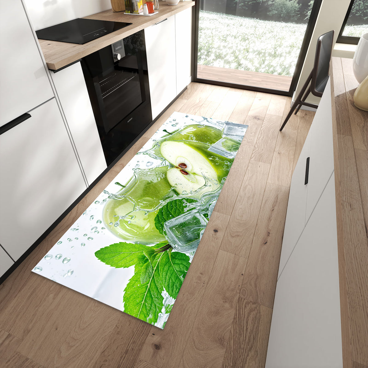 Farbbeständiger Läufer für den Eingangsbereich mit Motiv Frische Äpfel Splash in moderner Küche
