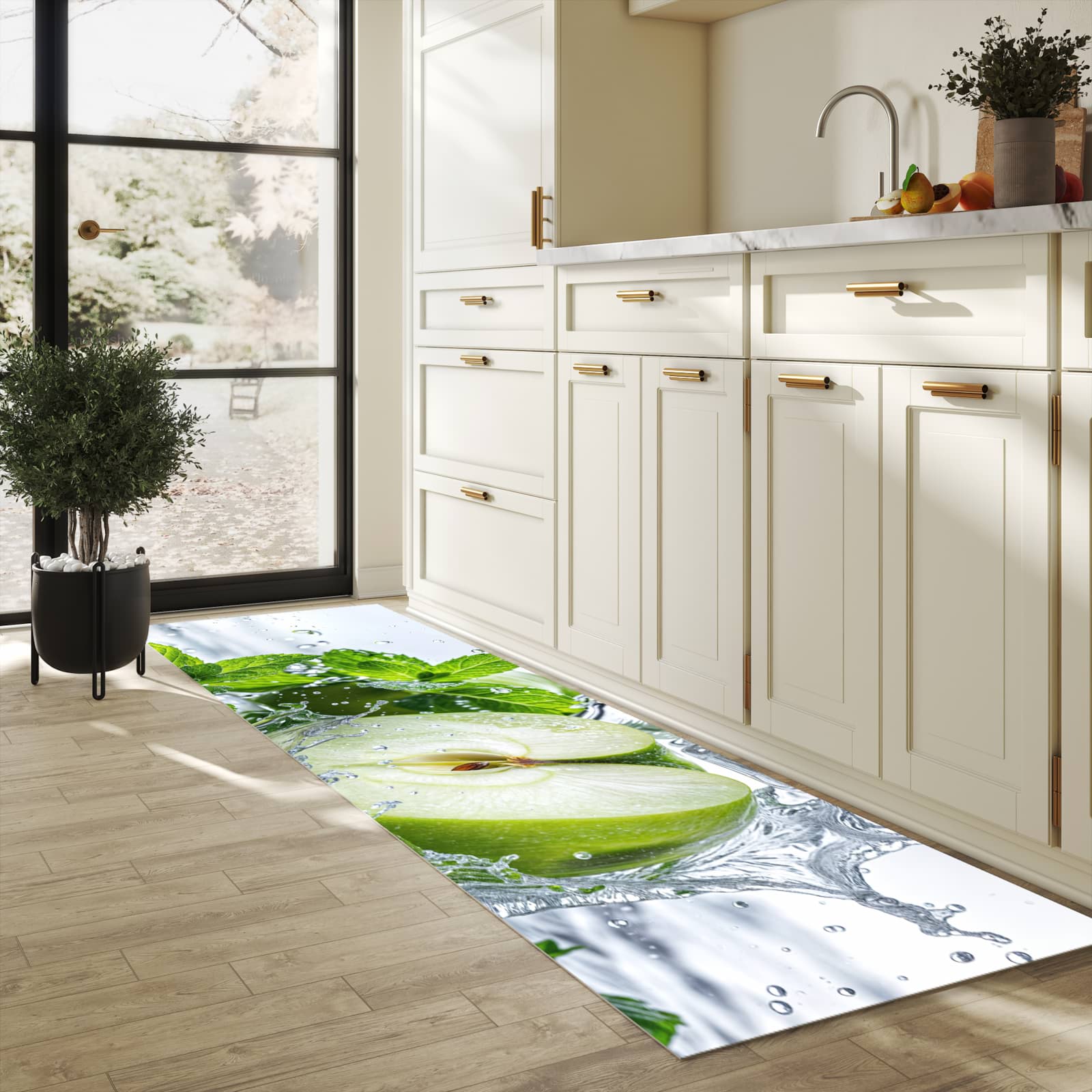Geräuschdämpfender waschbarer Küchenteppich mit Motiv Spritzender Apfel Mint in heller Küche