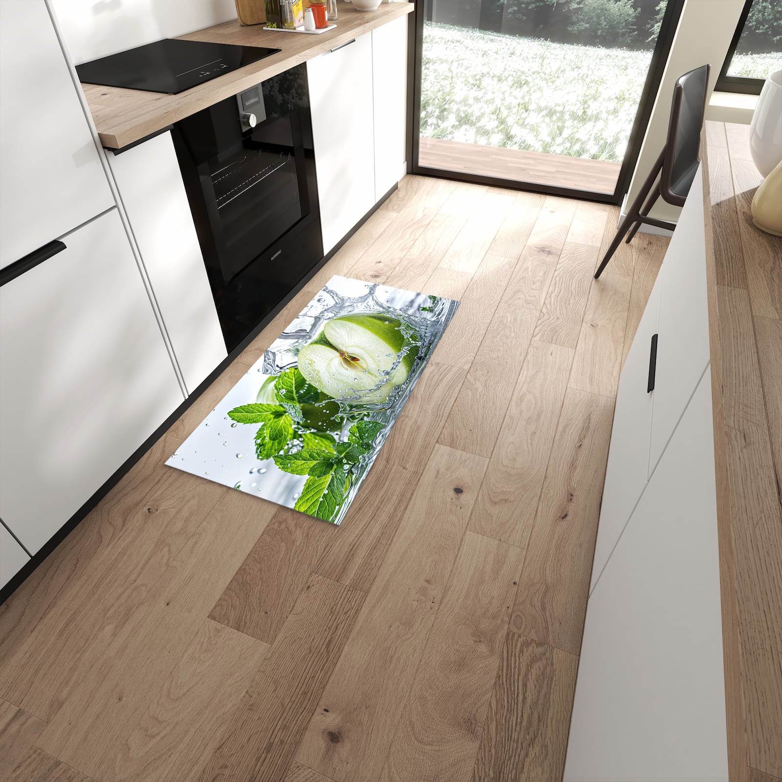 Wasserabweisender Küchenteppich mit Motiv Spritzender Apfel Mint in moderner Küche #grösse_60 x 120 cm