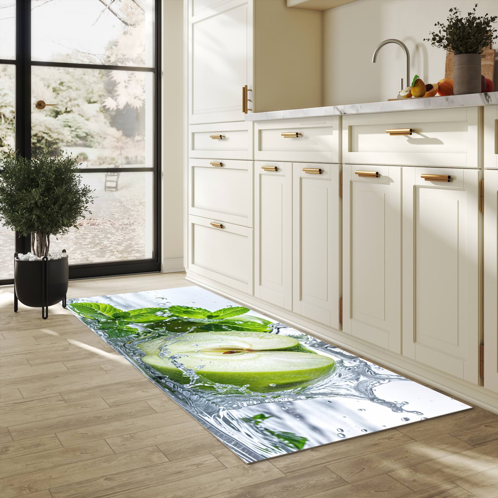 UV-beständiger Küchenteppich mit Motiv Spritzender Apfel Mint in heller Küche