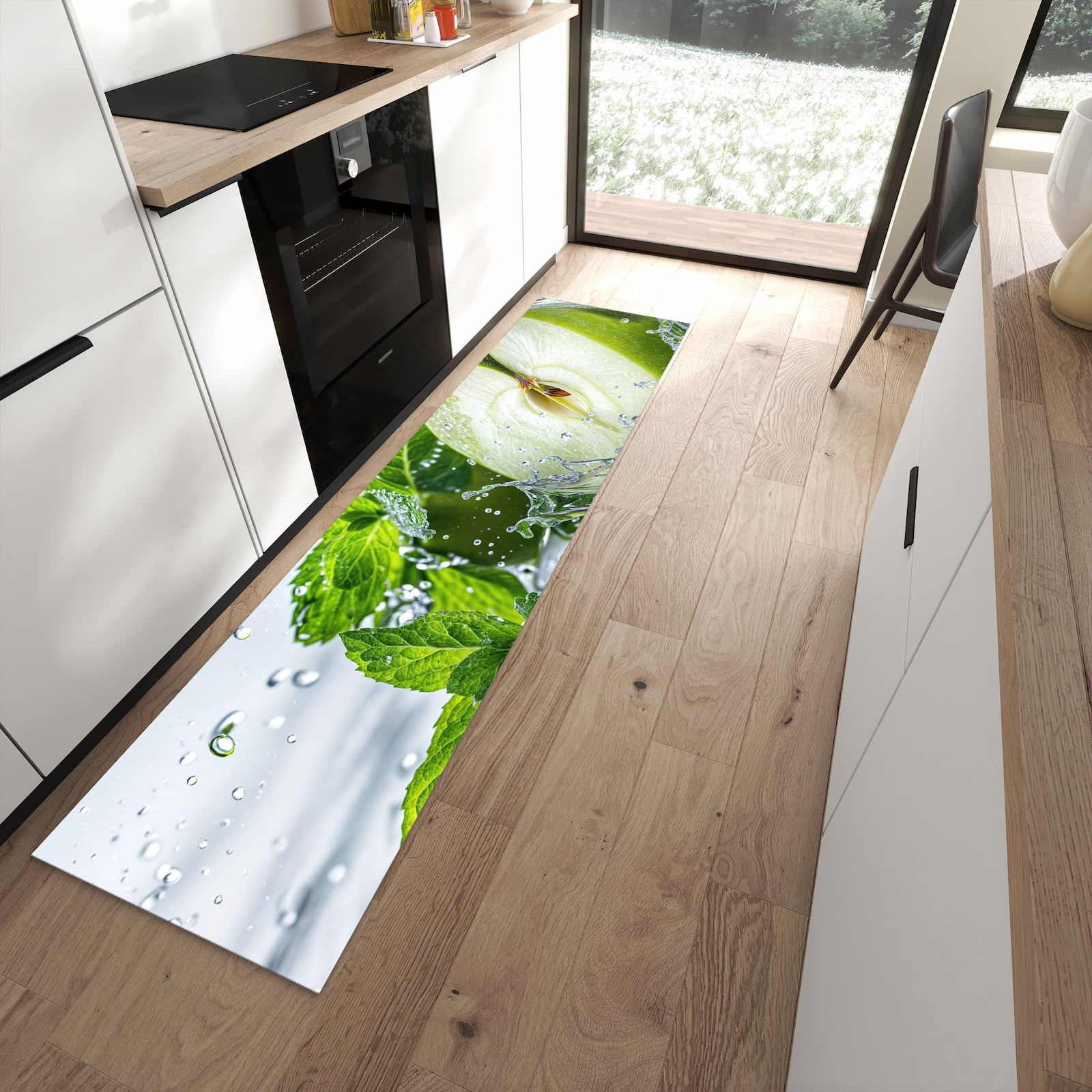 Geruchsneutraler Küchenteppich mit Motiv Spritzender Apfel Mint in moderner Küche