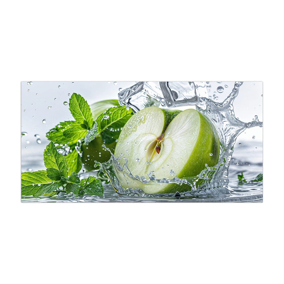 Küchenrückwand aus Glas Grüner Apfel mit Minze im Hochformat, Motiv bildfüllend von vorn
