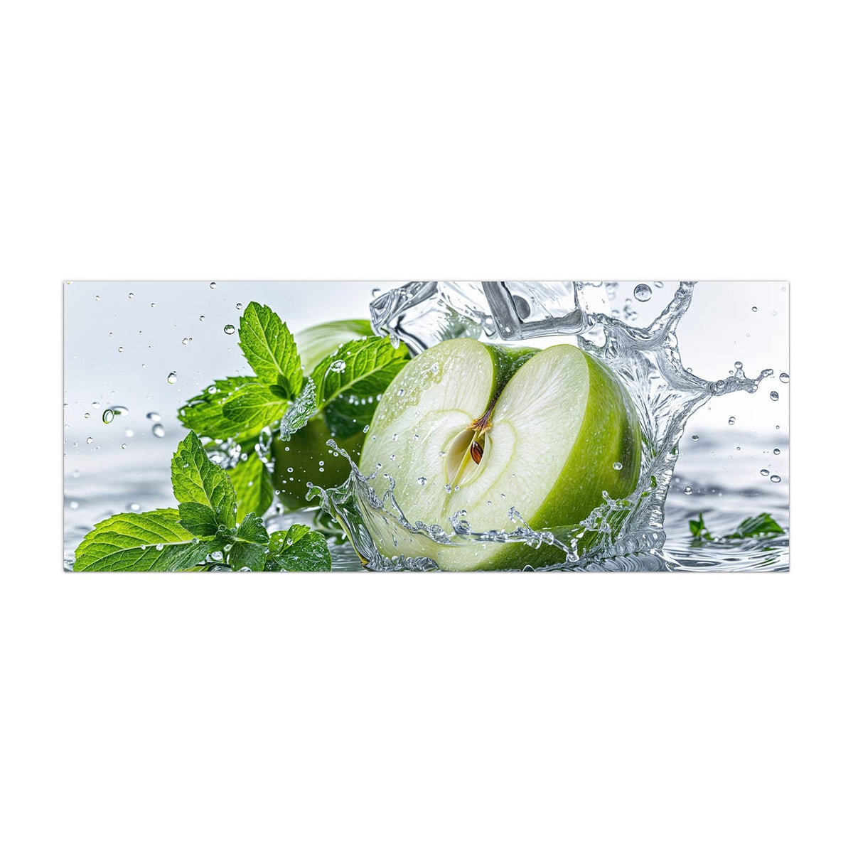 Küchenrückwand aus Glas Grüner Apfel mit Minze im Hochformat, Motiv bildfüllend von vorn
