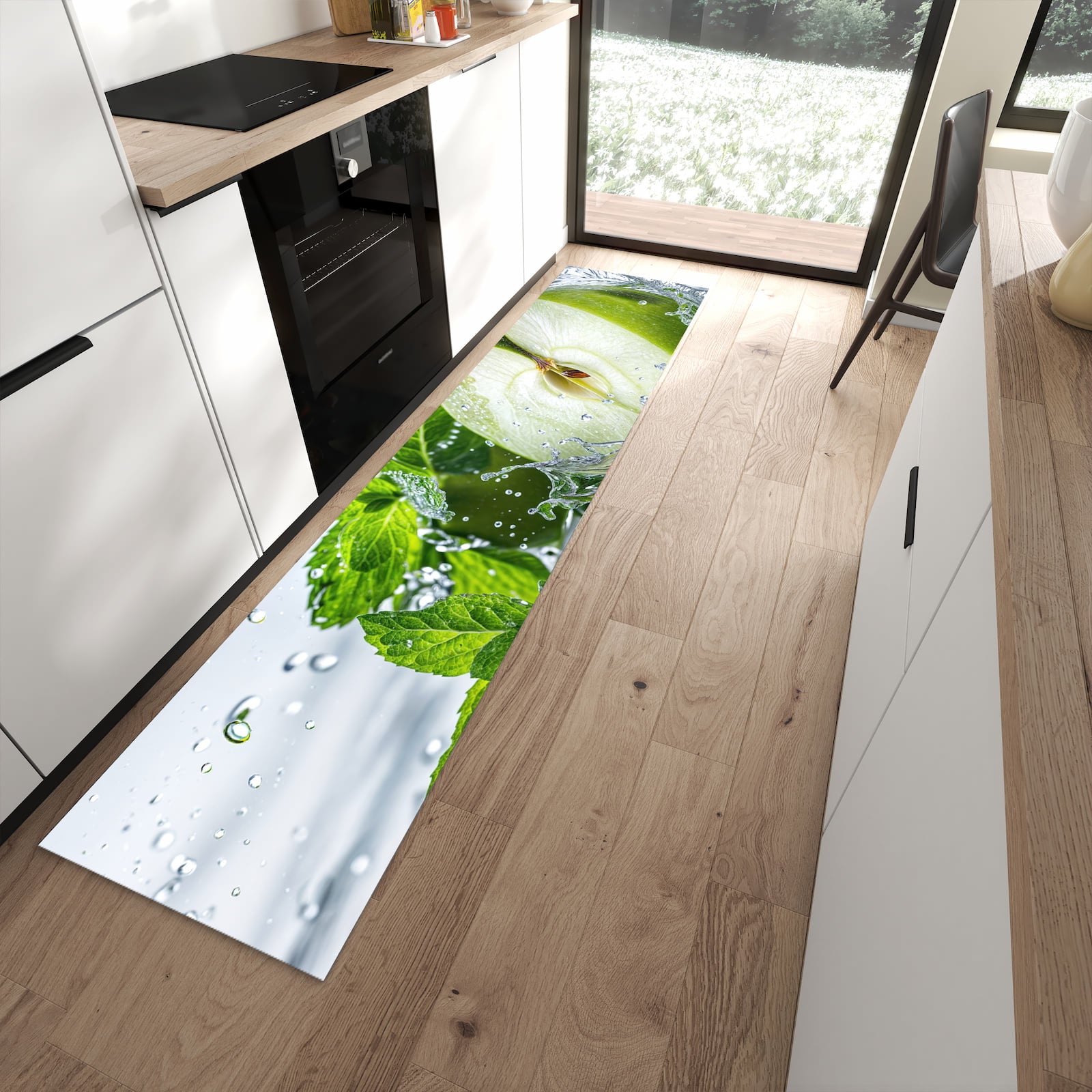 Langlebiger Küchenteppich mit Motiv Spritzender Apfel Mint in moderner Küche