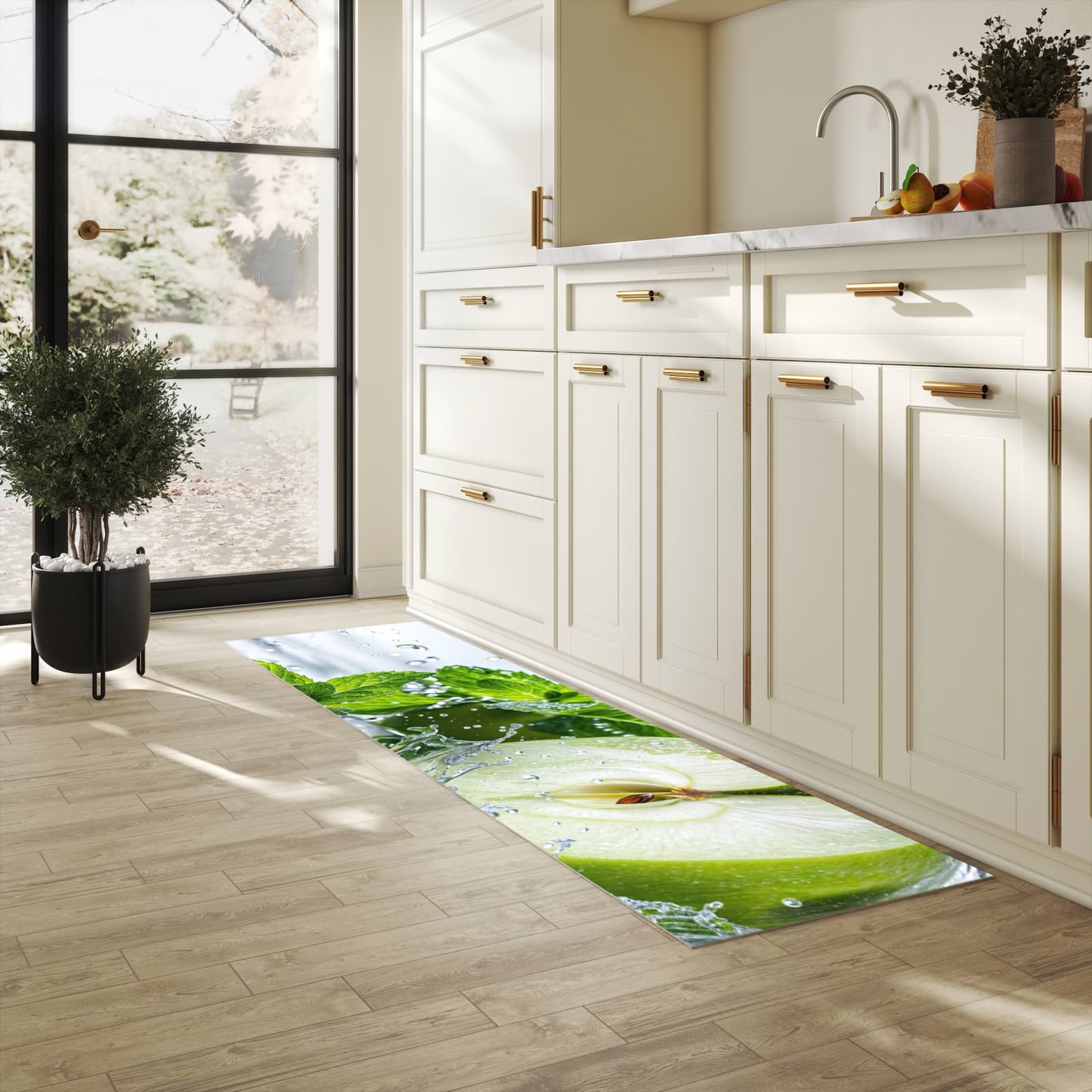 Bodenschonender Bodenläufer-Teppich mit Motiv Spritzender Apfel Mint in heller Küche