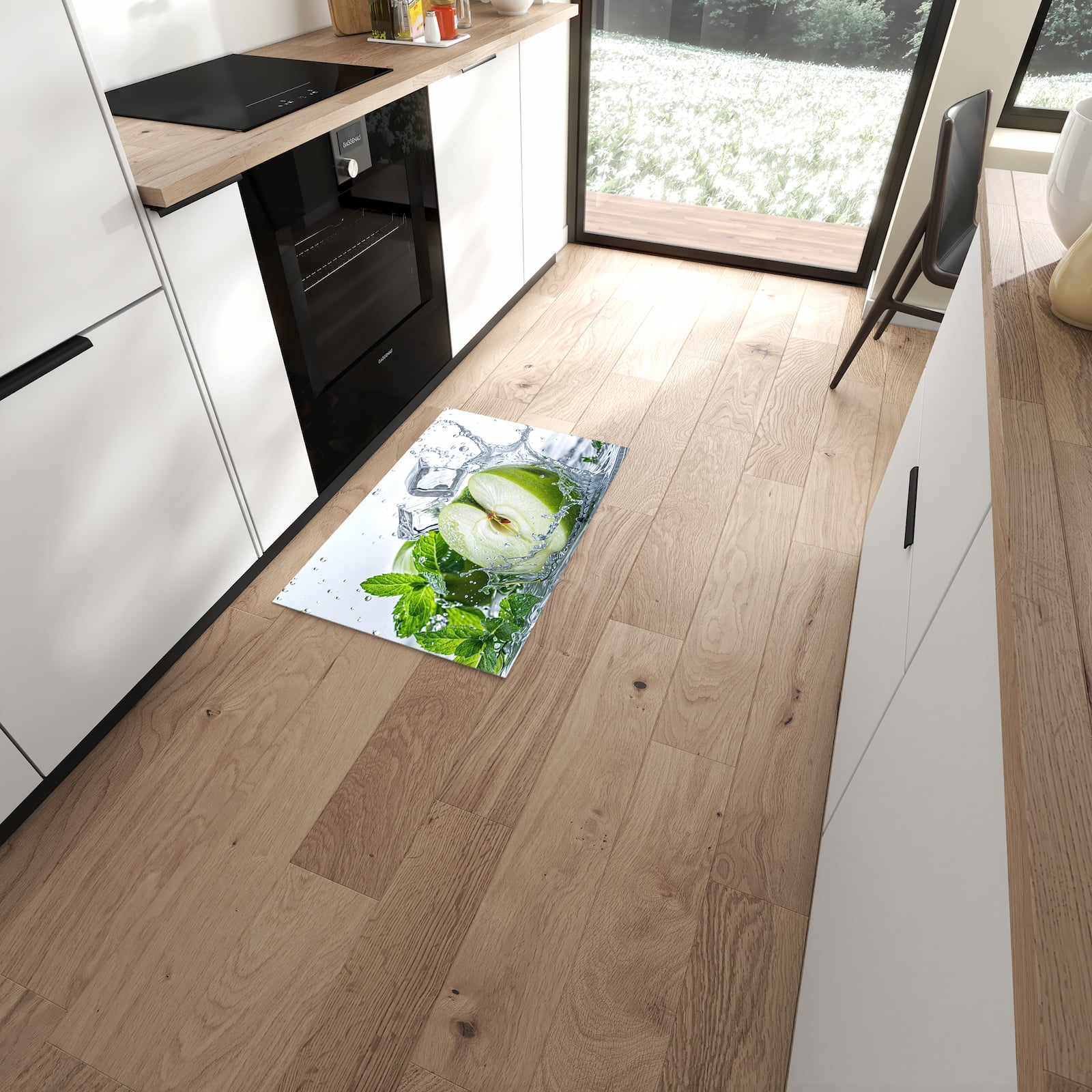 Pflegeleichter Küchenteppich mit Motiv Spritzender Apfel Mint in moderner Küche
