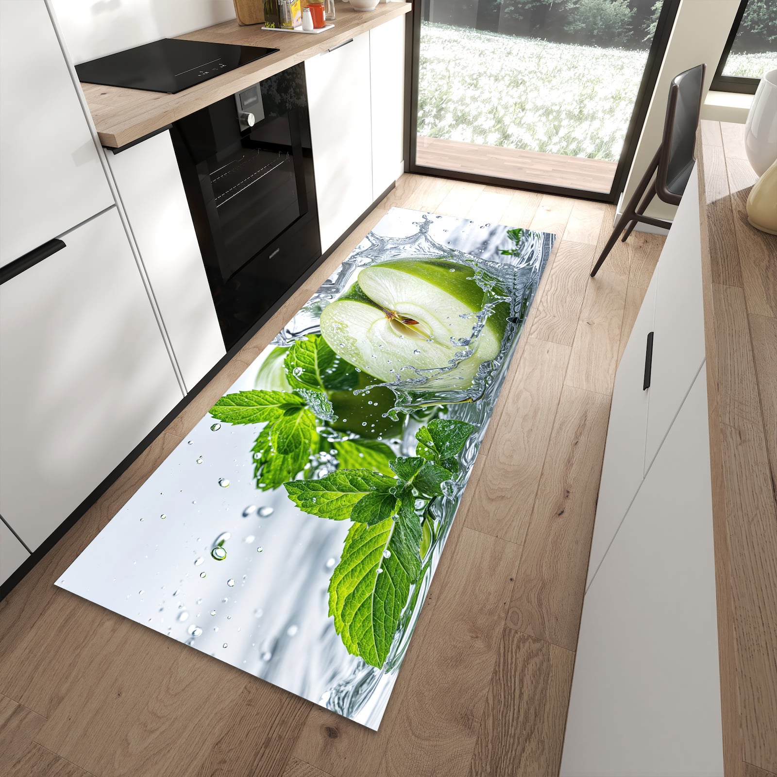 Strapazierfähiger Küchenvorleger mit Motiv Spritzender Apfel Mint in moderner Küche