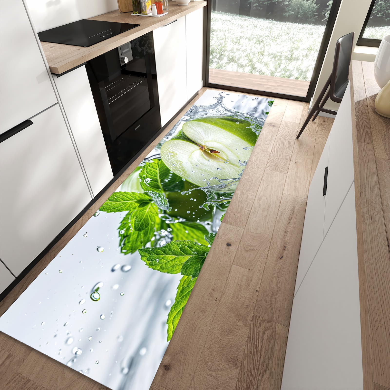 Küchenteppich mit Motiv Spritzender Apfel Mint für angenehme Haptik in moderner Küche