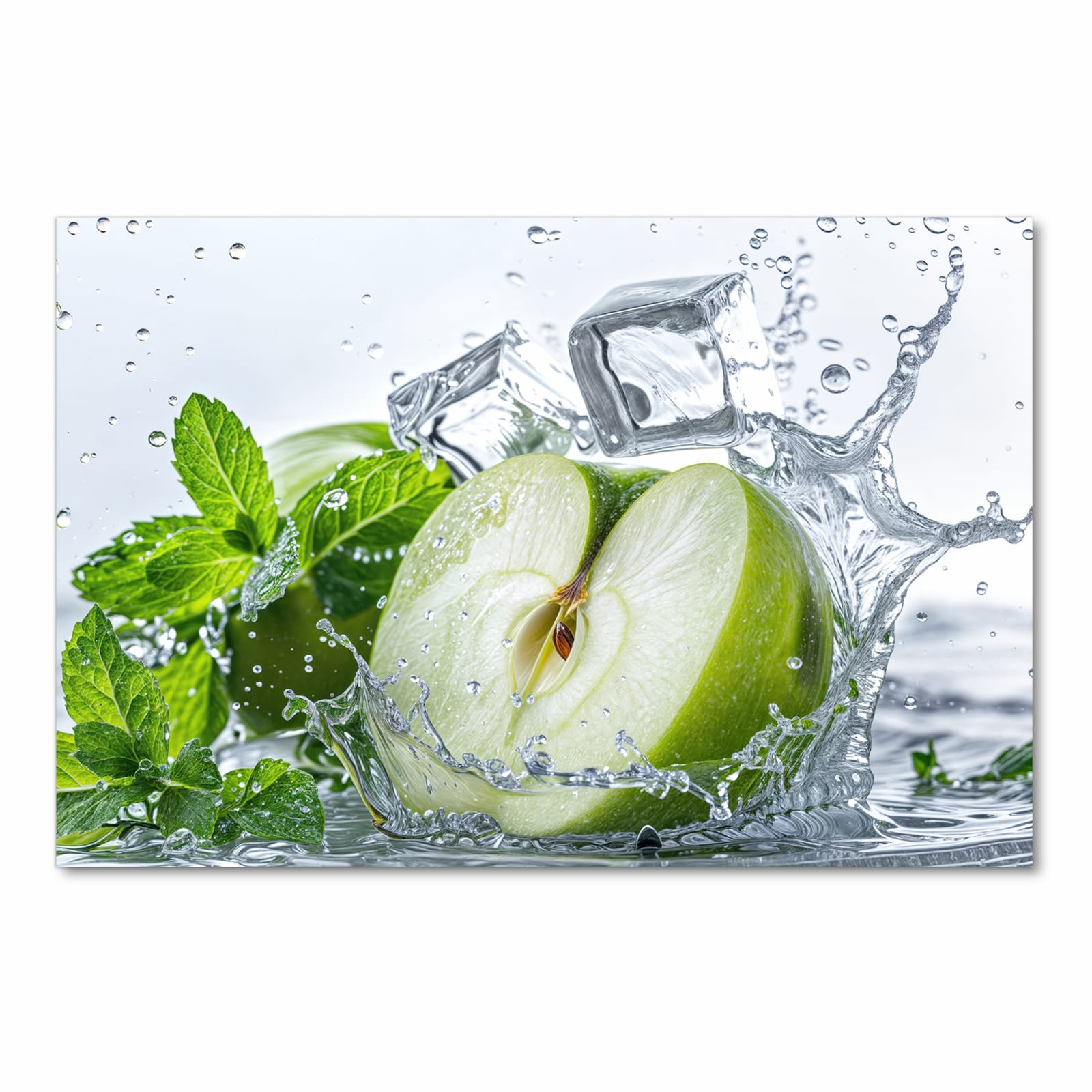 Zeitsparender Küchenteppich mit Motiv Spritzender Apfel Mint in Frontansicht