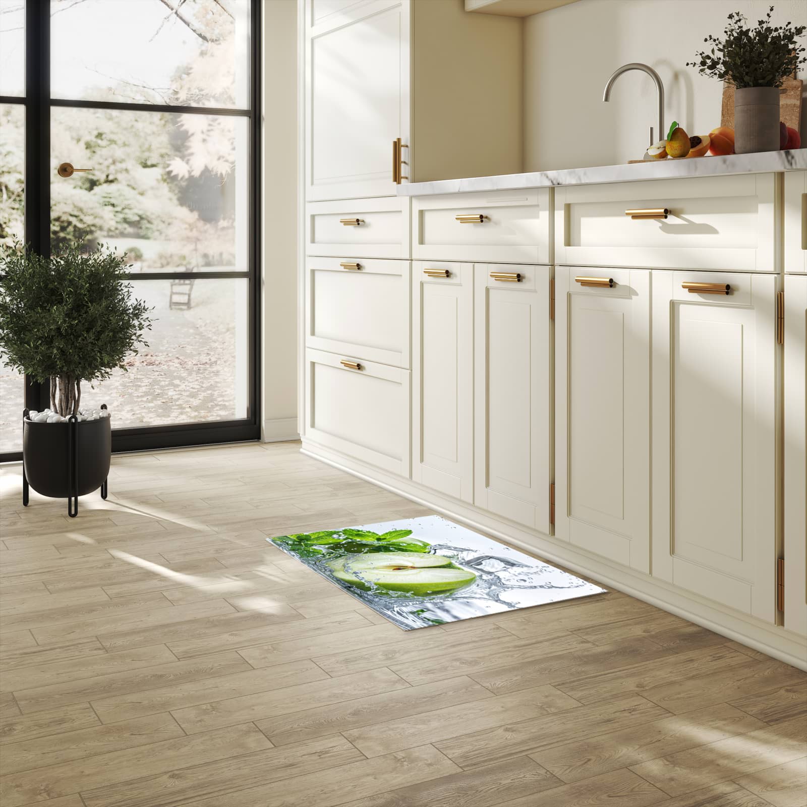 Farbbeständiger Küchenteppich mit Motiv Spritzender Apfel Mint in heller Küche