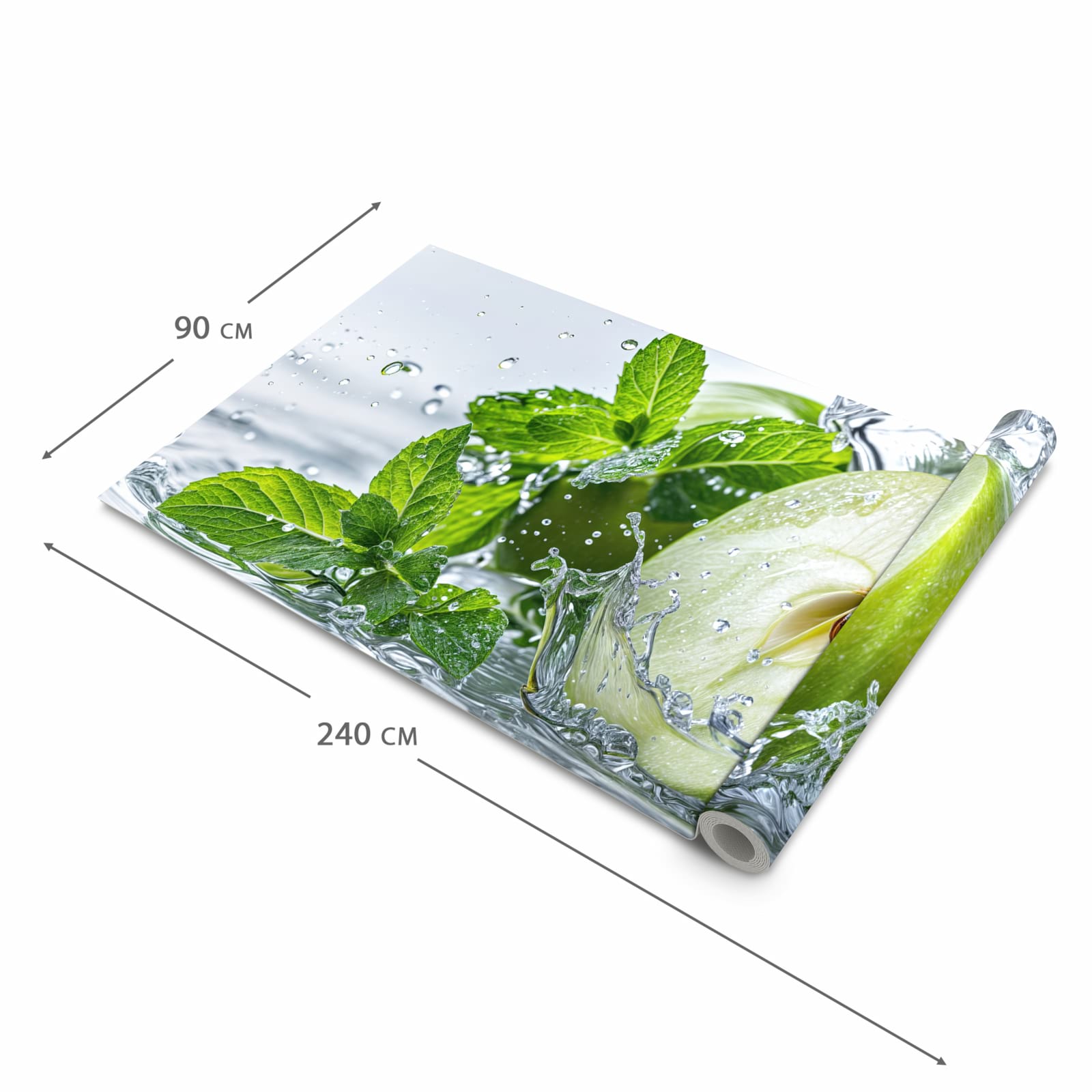 Geruchsneutraler rutschfester Küchenläufer mit Motiv Spritzender Apfel Mint in der Größe 90x180 cm