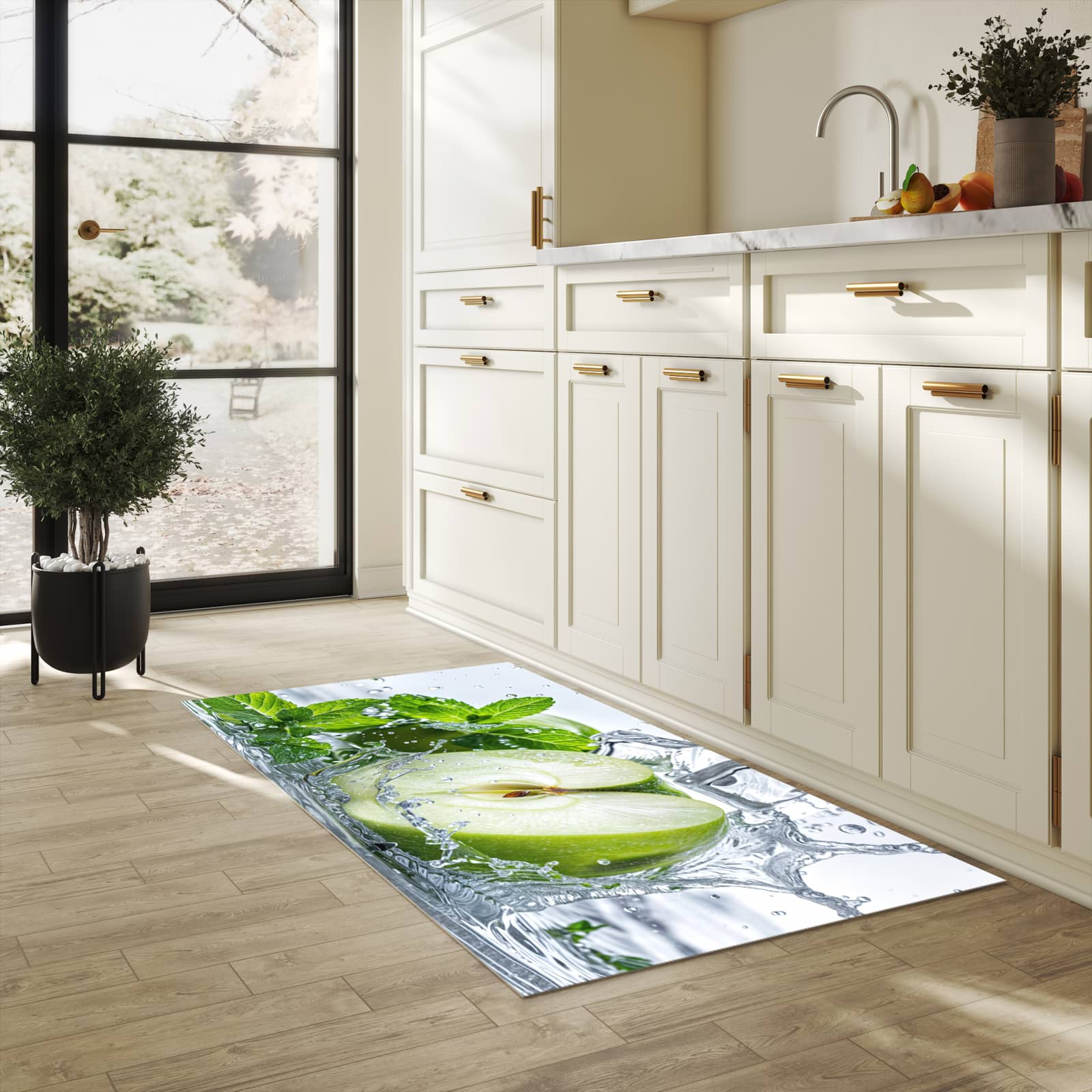 Abriebfester großer Küchenteppich mit Motiv Spritzender Apfel Mint in heller Küche